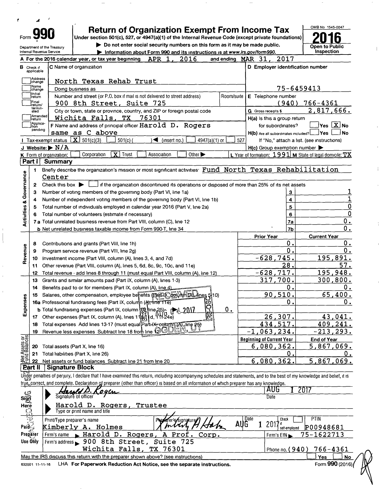 Image of first page of 2016 Form 990 for North Texas Rehab Trust
