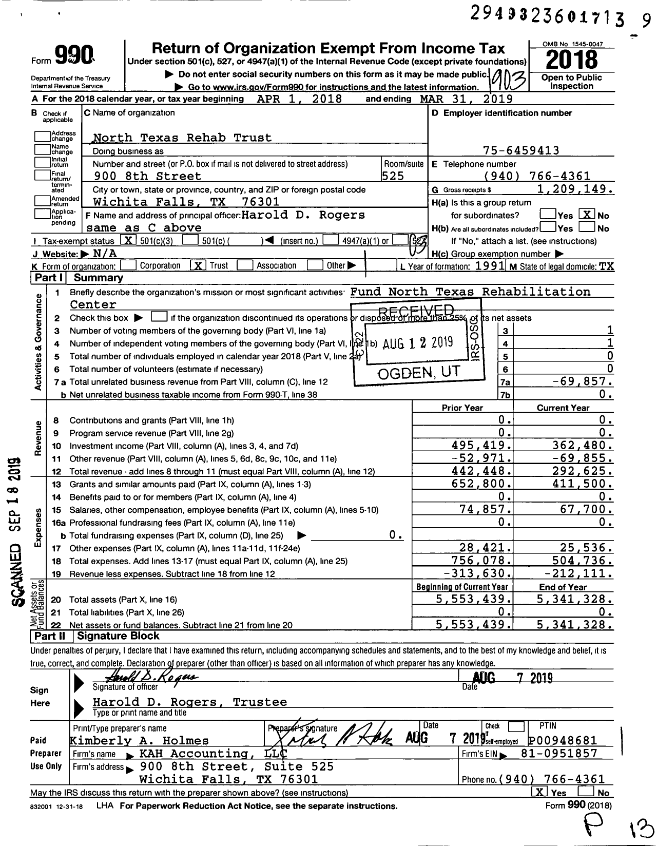 Image of first page of 2018 Form 990 for North Texas Rehab Trust