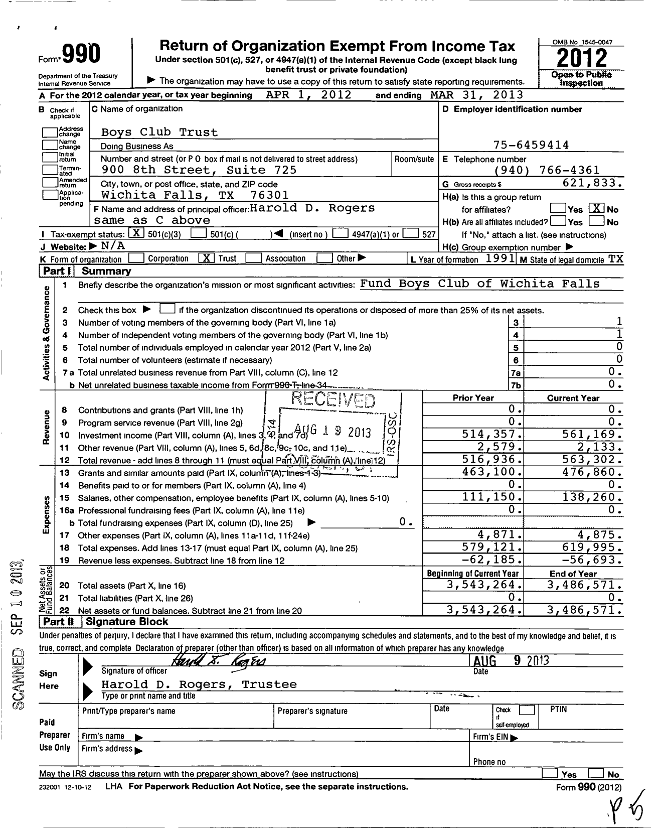 Image of first page of 2012 Form 990 for Boys Club Trust
