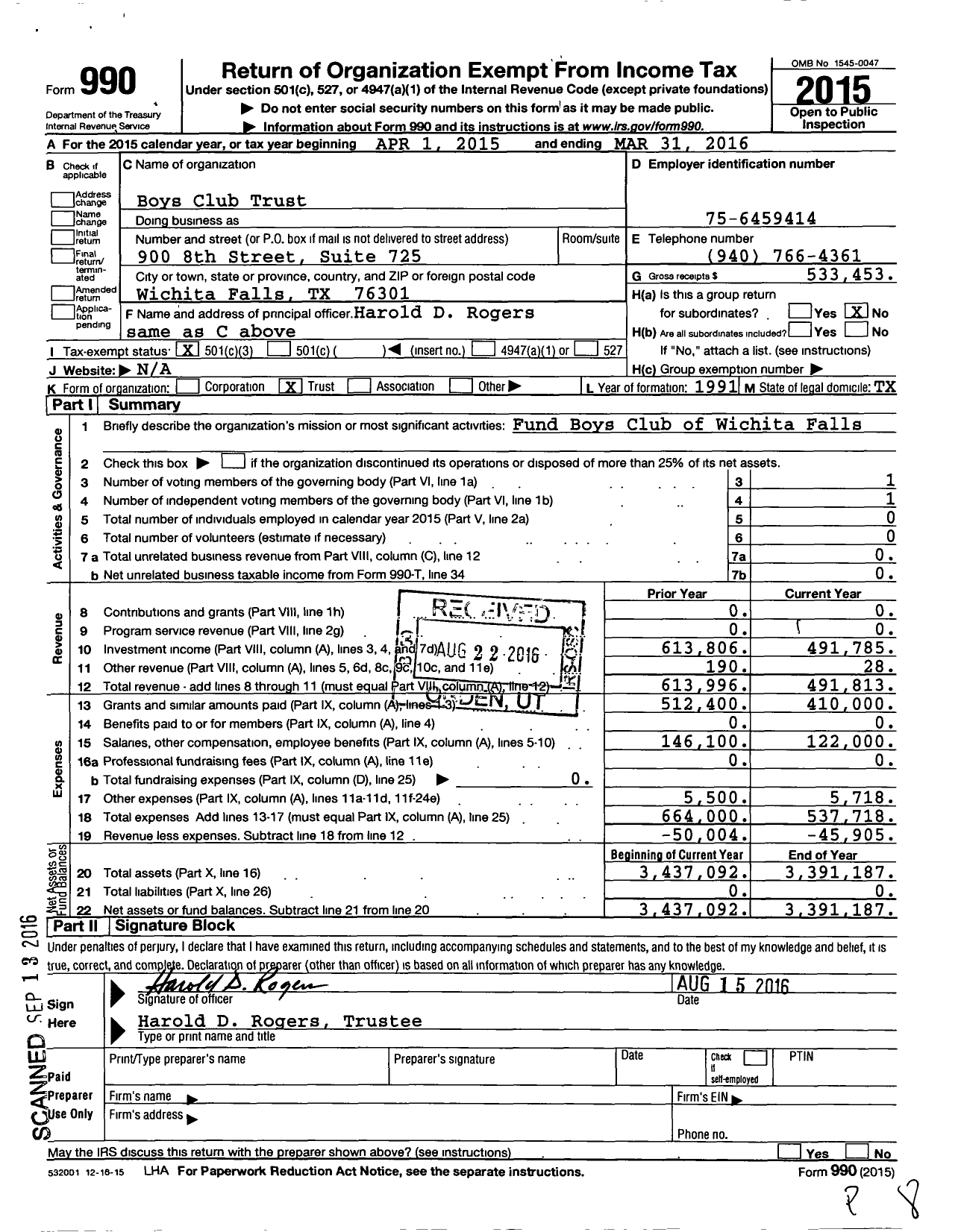Image of first page of 2015 Form 990 for Boys Club Trust