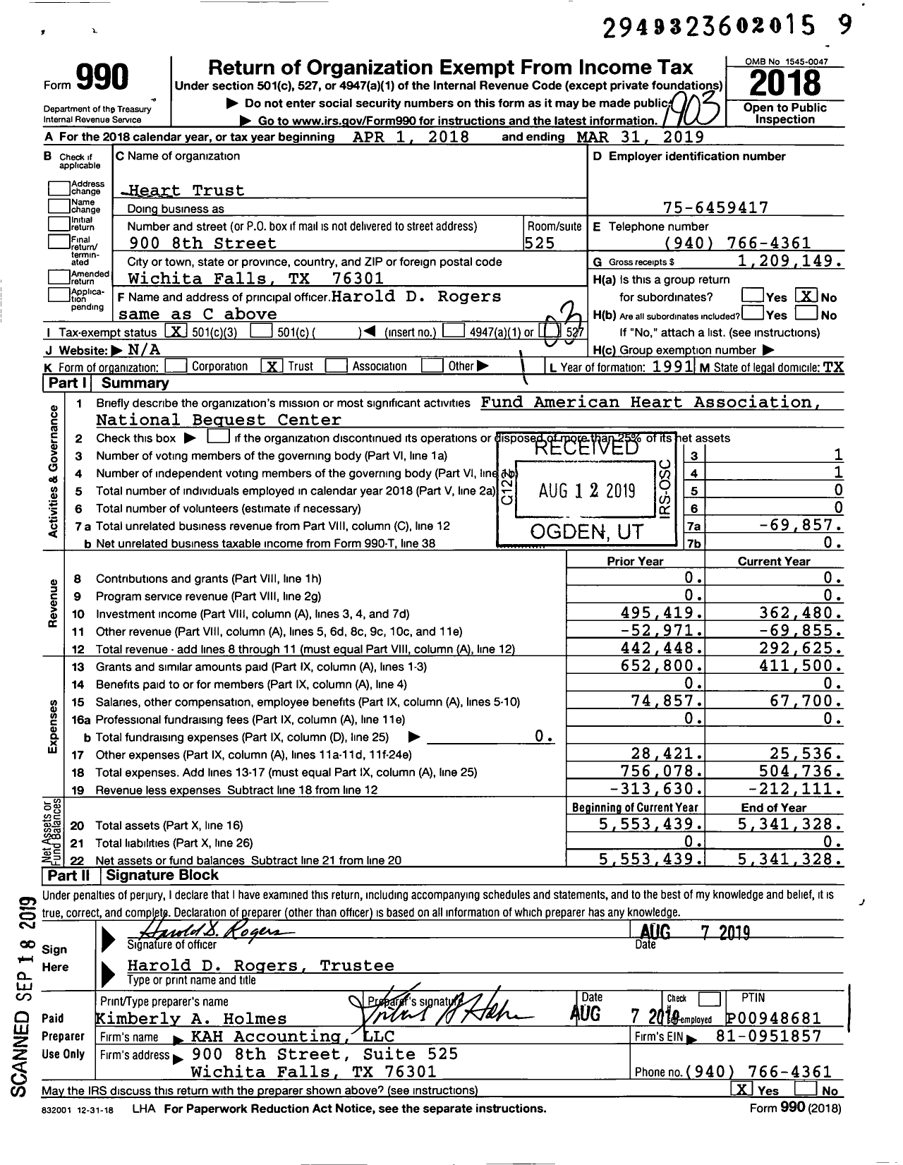 Image of first page of 2018 Form 990 for Heart Trust / Rogers Harold D Ttee