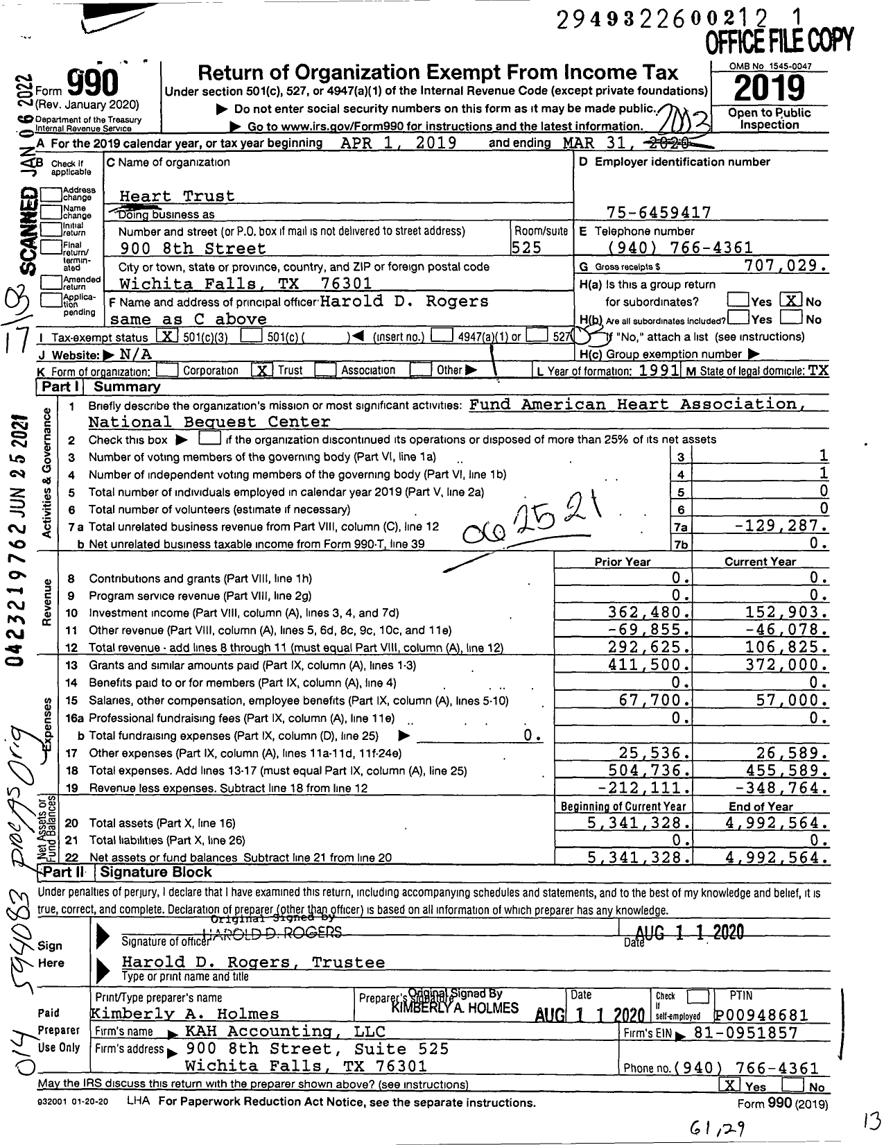Image of first page of 2019 Form 990 for Heart Trust / Rogers Harold D Ttee