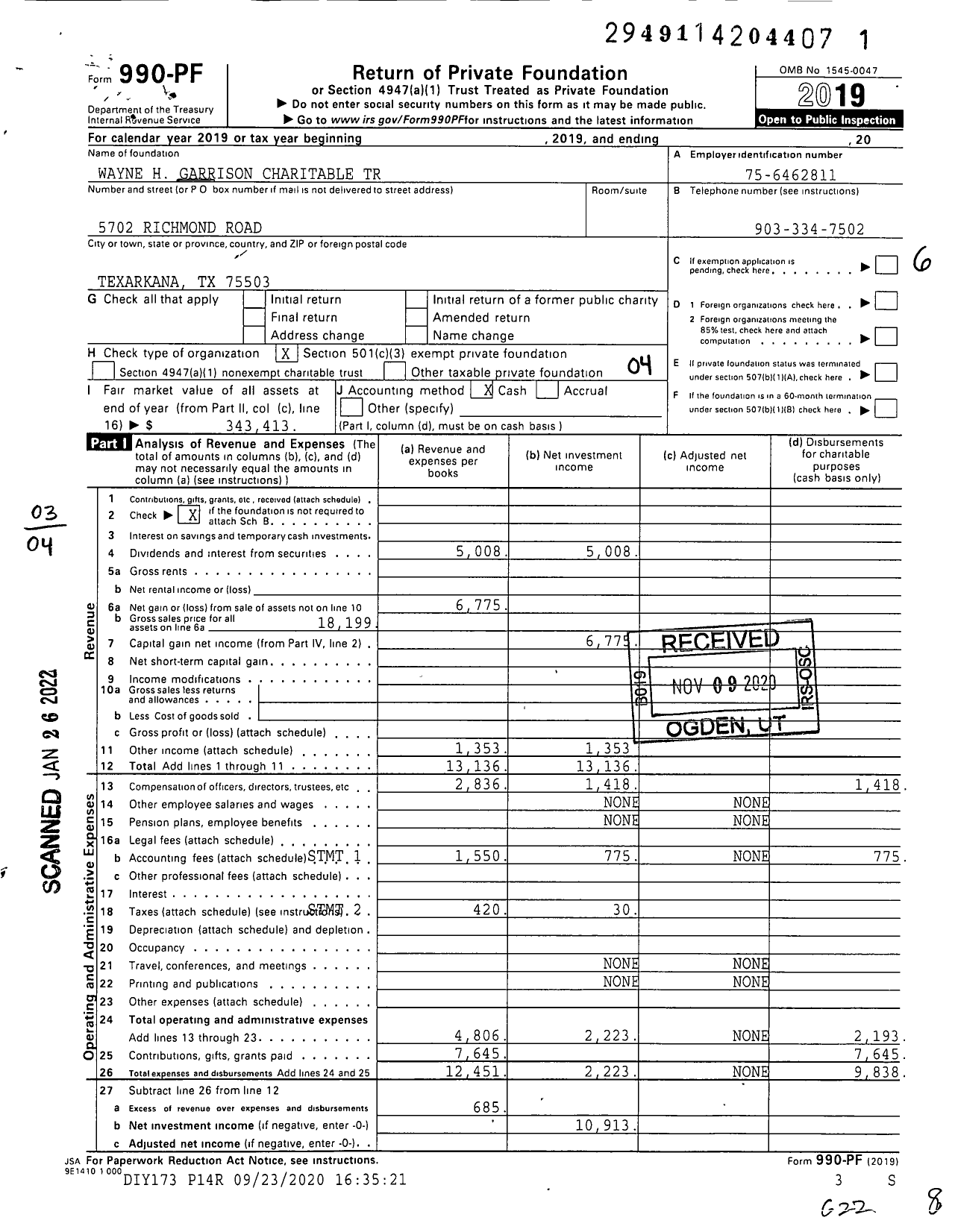 Image of first page of 2019 Form 990PF for Wayne H Garrison Charitable Trust