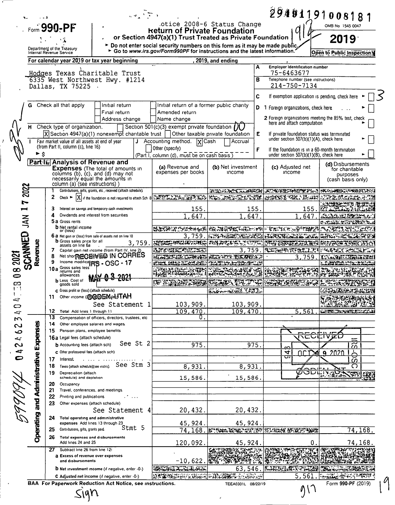 Image of first page of 2019 Form 990PF for Hodges Texas Charitable Trust