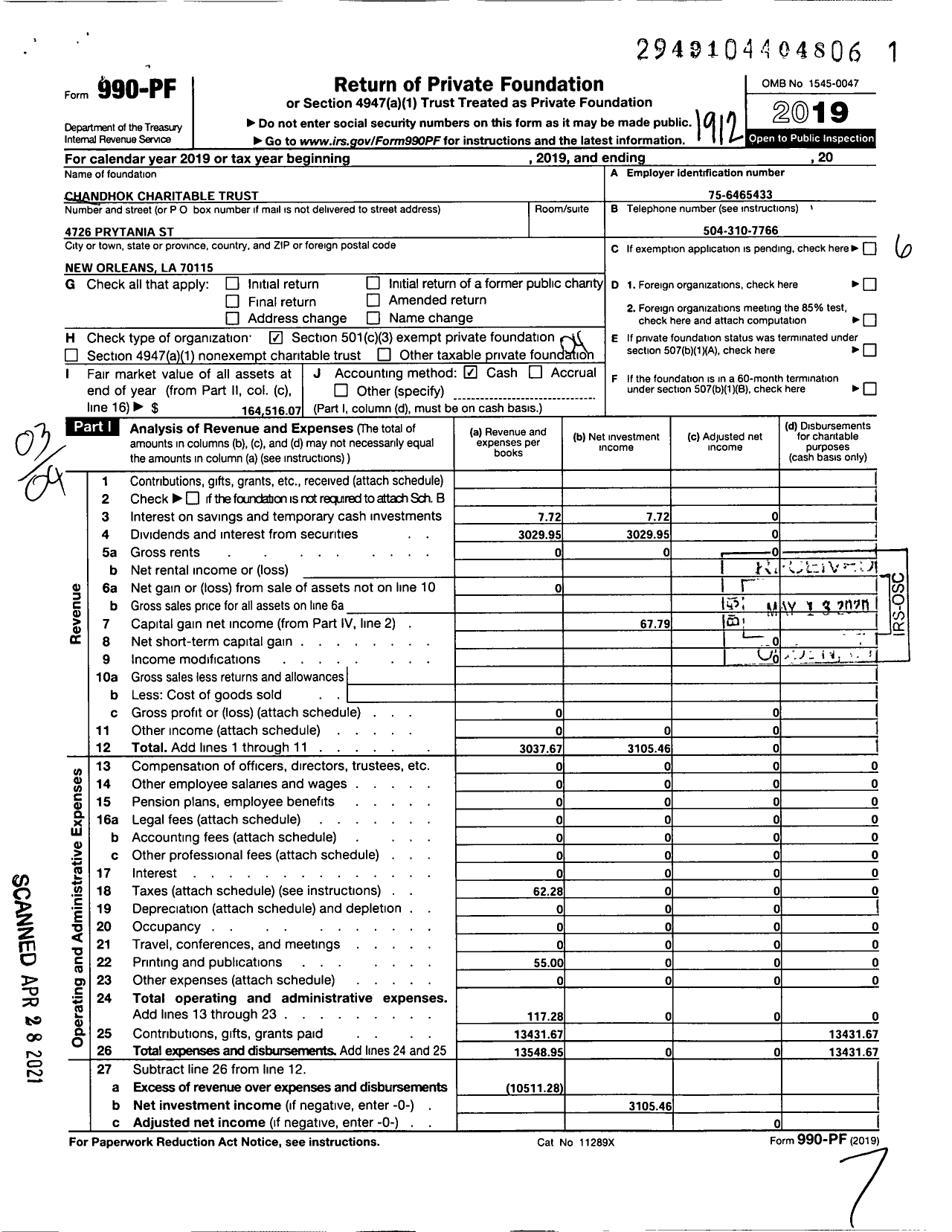 Image of first page of 2019 Form 990PF for Chandhok Charitable Trust