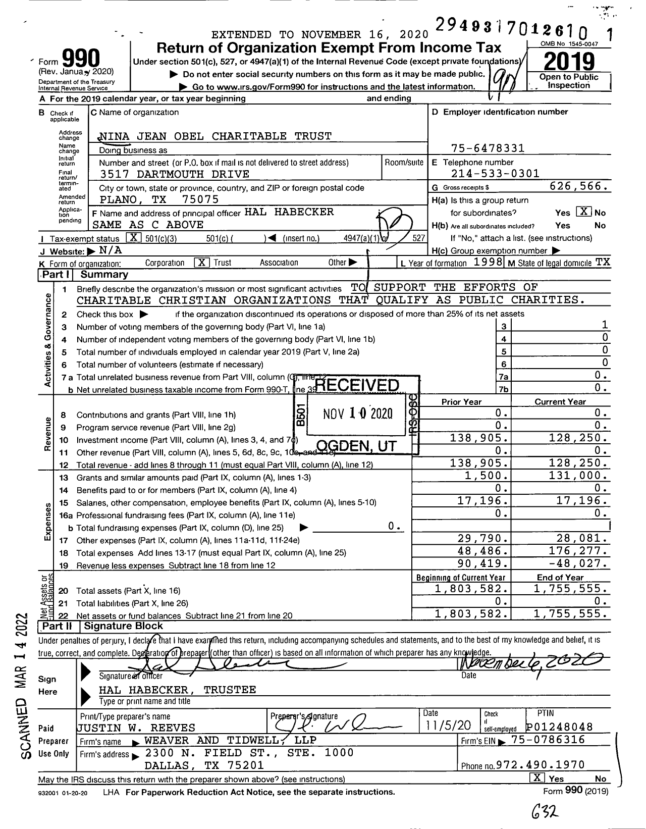 Image of first page of 2019 Form 990 for Nina Jean Obel Charitable Trust