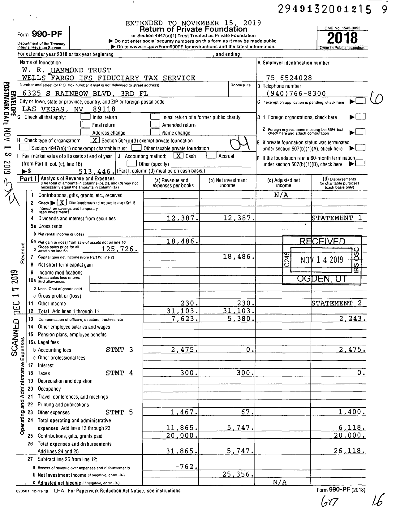 Image of first page of 2018 Form 990PF for Hammond W R Trust Foundation