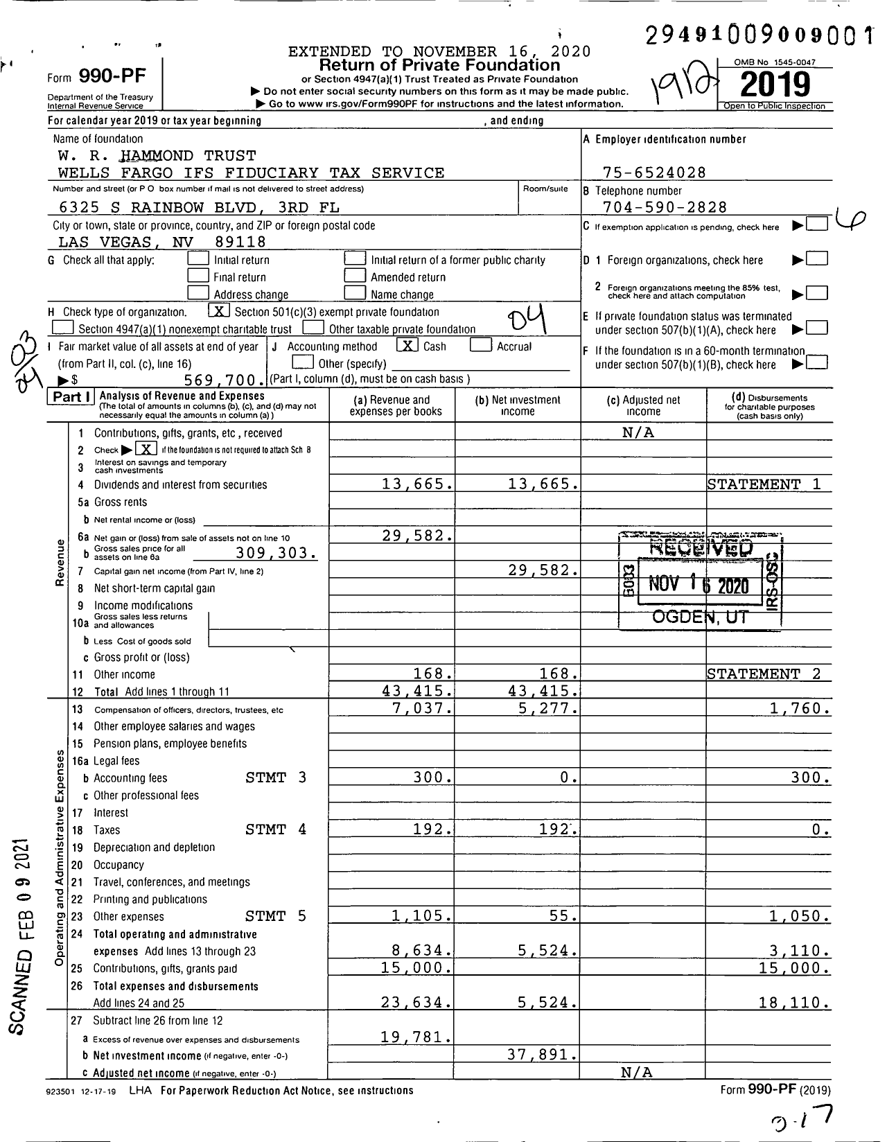 Image of first page of 2019 Form 990PF for Hammond W R Trust Foundation