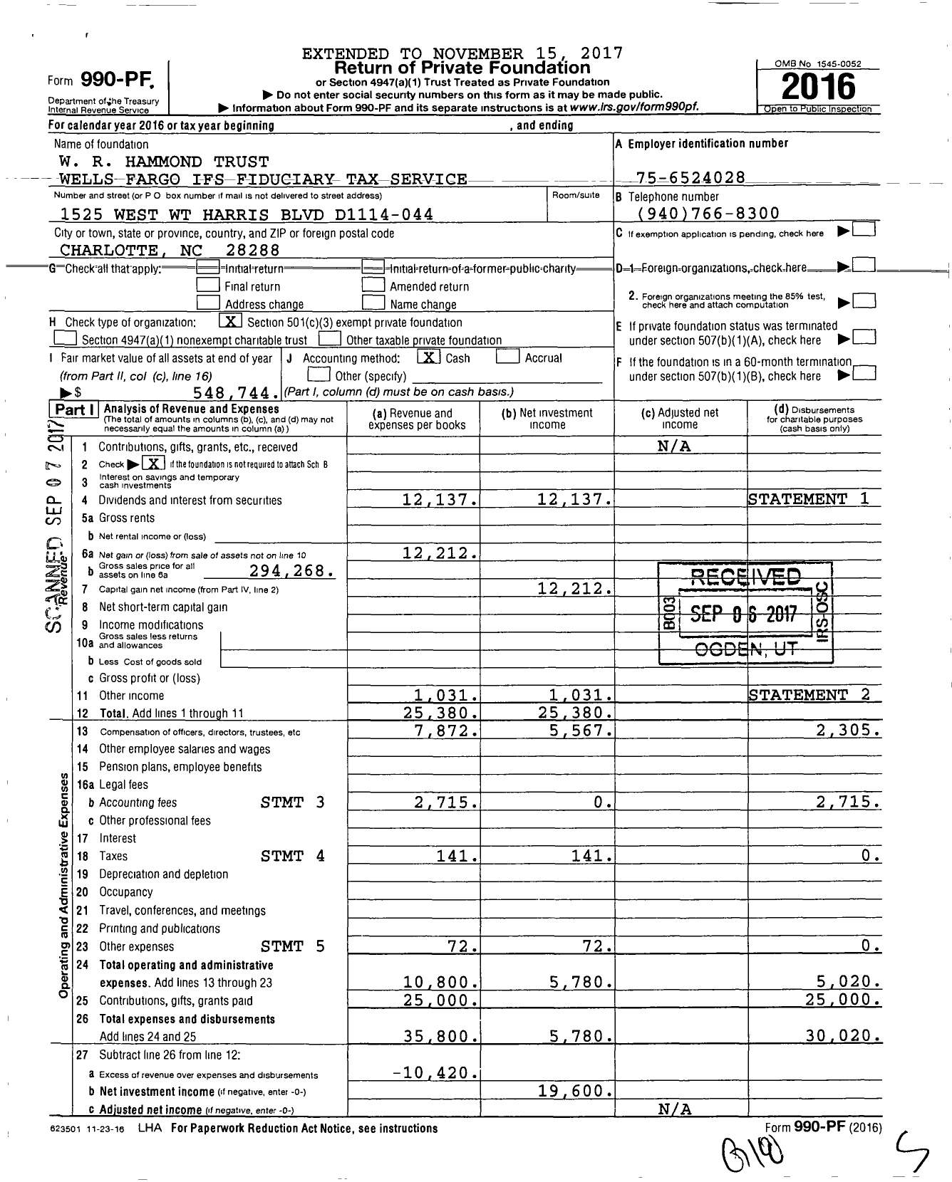 Image of first page of 2016 Form 990PF for Hammond W R Trust Foundation