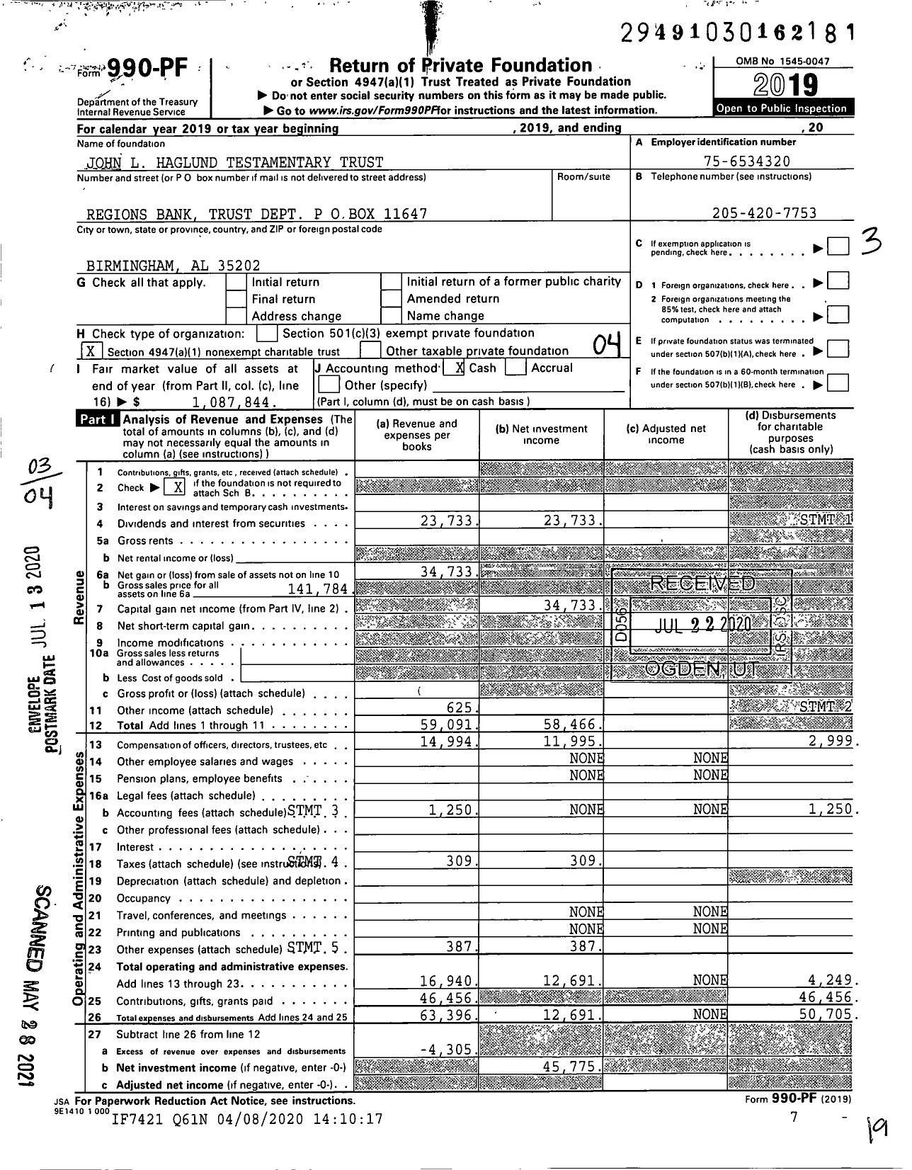 Image of first page of 2019 Form 990PF for John L Haglund Testamentary Trust