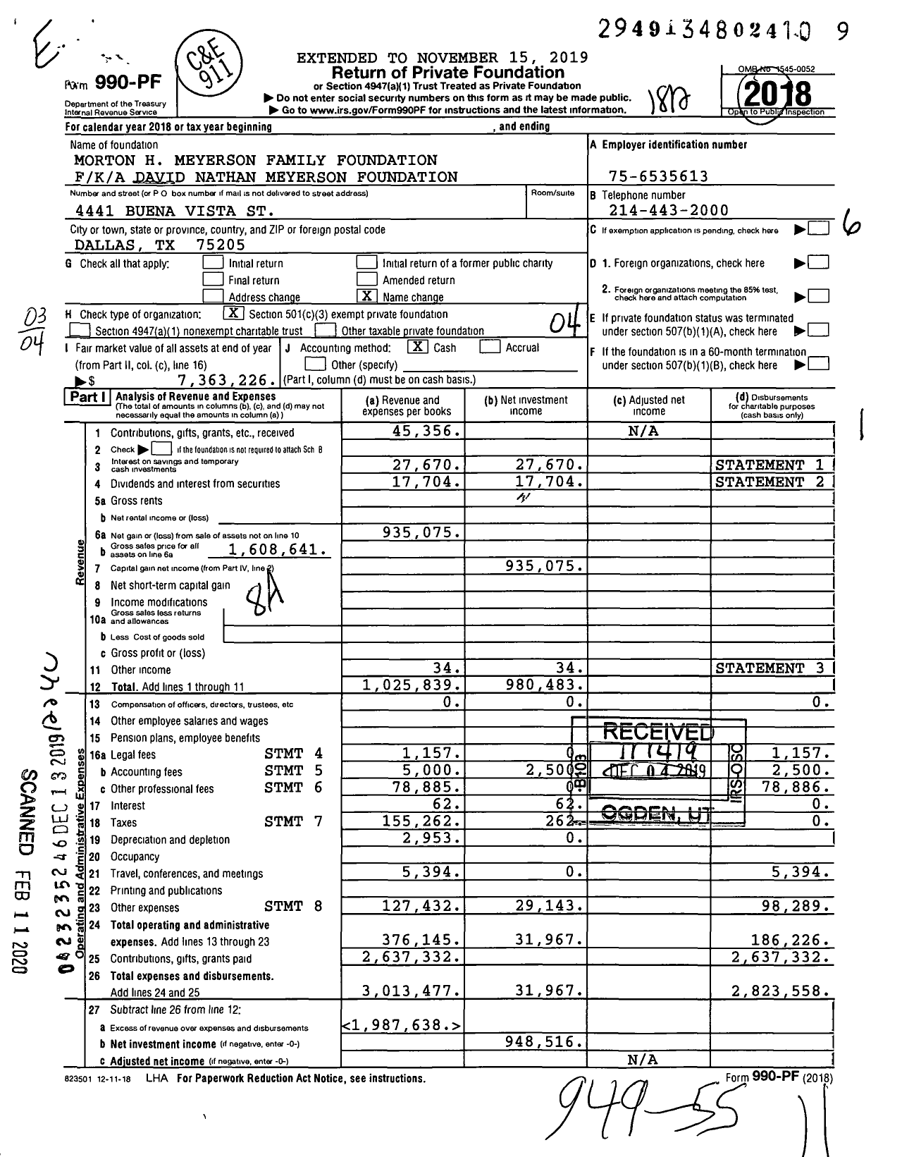 Image of first page of 2018 Form 990PF for Morton H Meyerson Family Foundation