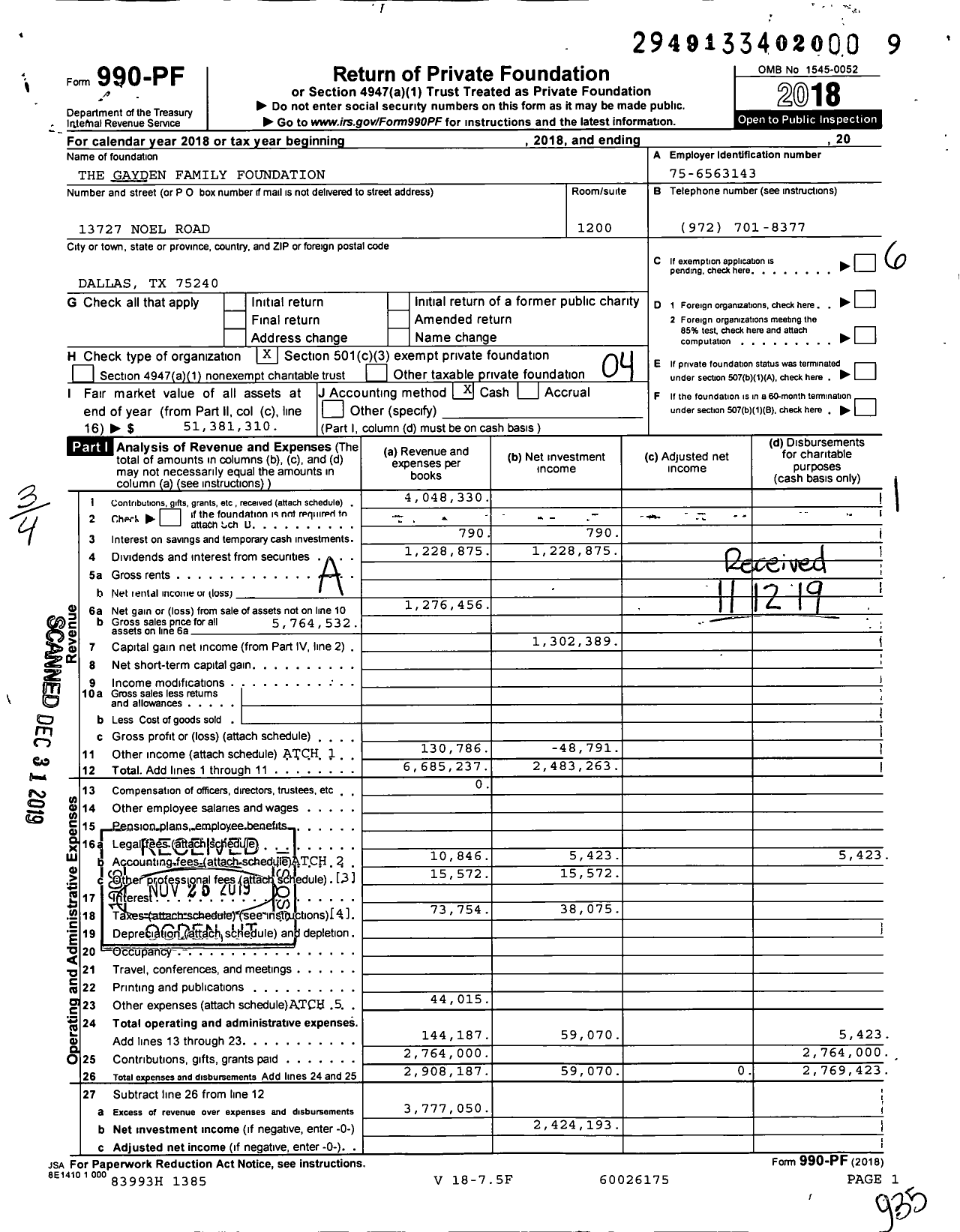 Image of first page of 2018 Form 990PF for Gayden Family Foundation