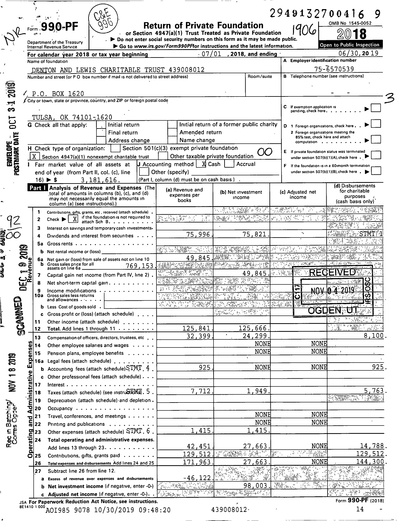 Image of first page of 2018 Form 990PF for Denton and Lewis Charitable Trust 439008012