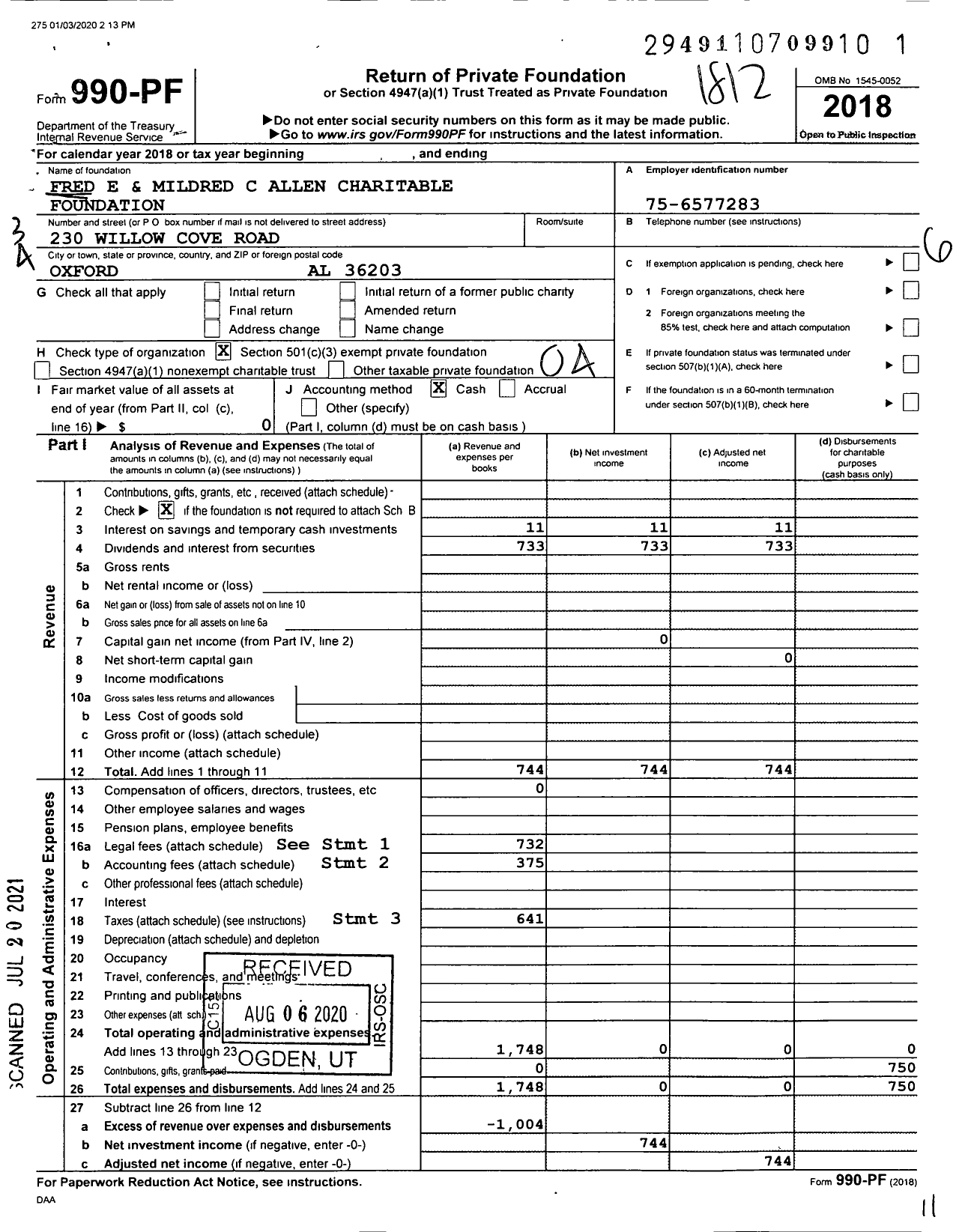 Image of first page of 2018 Form 990PF for Fred E and Mildred C Allen Charitable Foundation