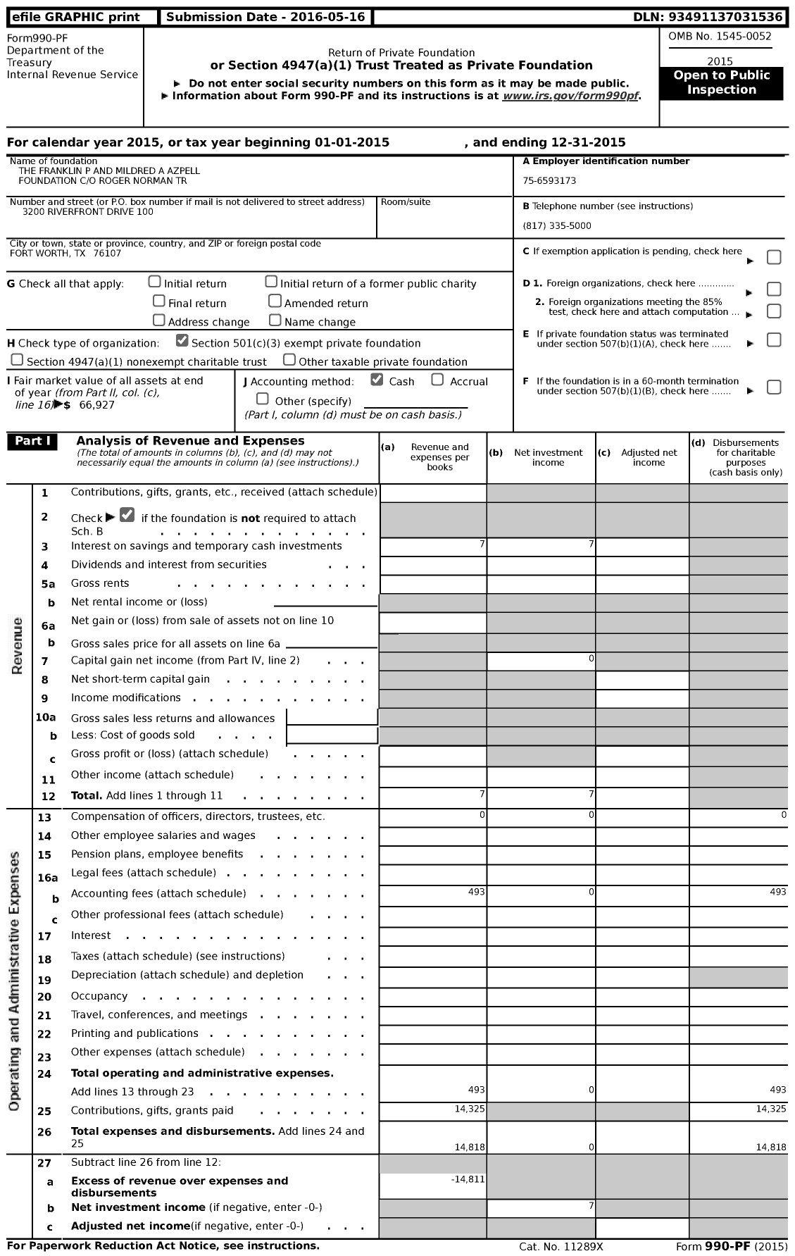 Image of first page of 2015 Form 990PF for The Franklin P and Mildred A Azpell Foundation