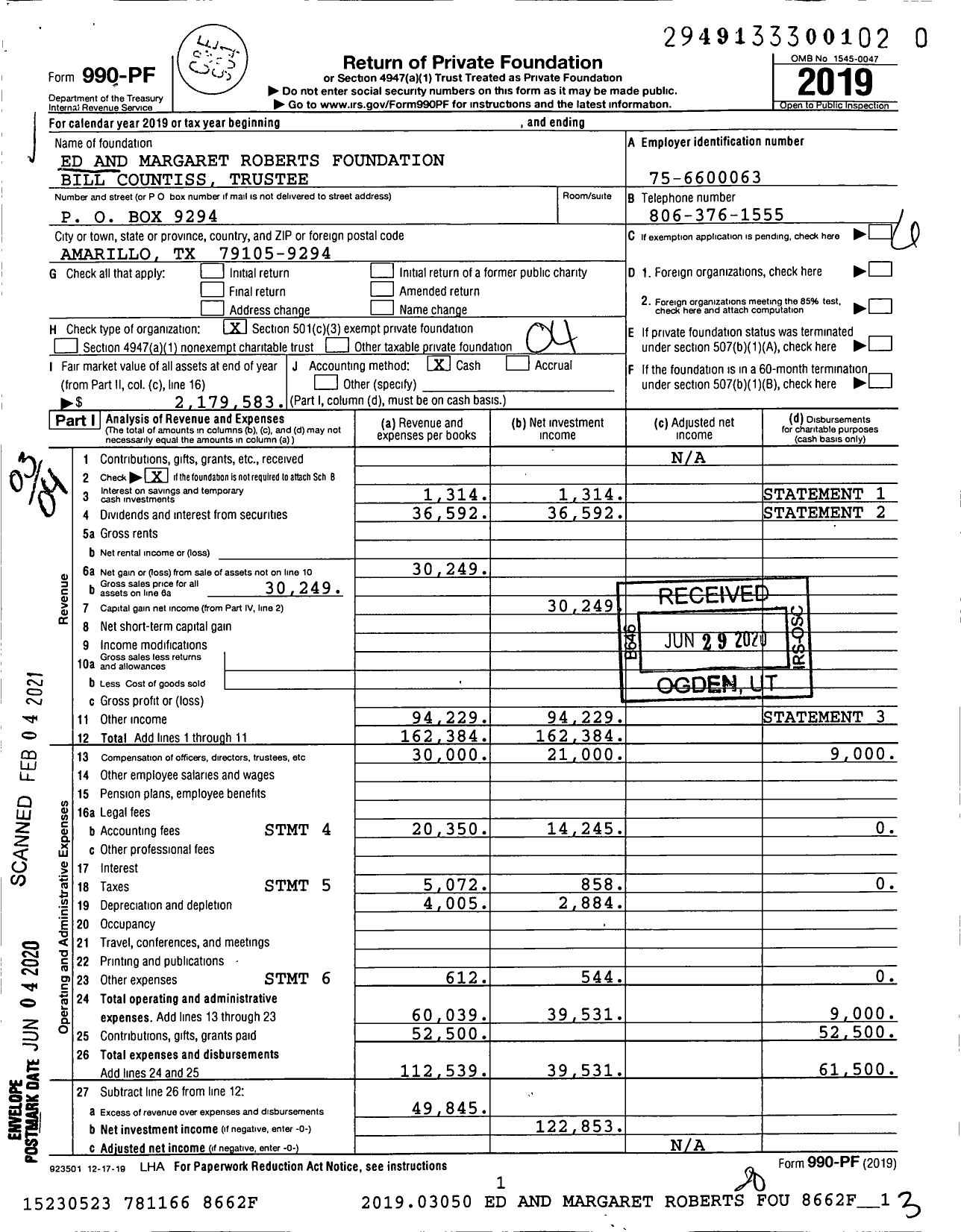 Image of first page of 2019 Form 990PF for Ed and Margaret Roberts Foundation Bill Countiss Trustee