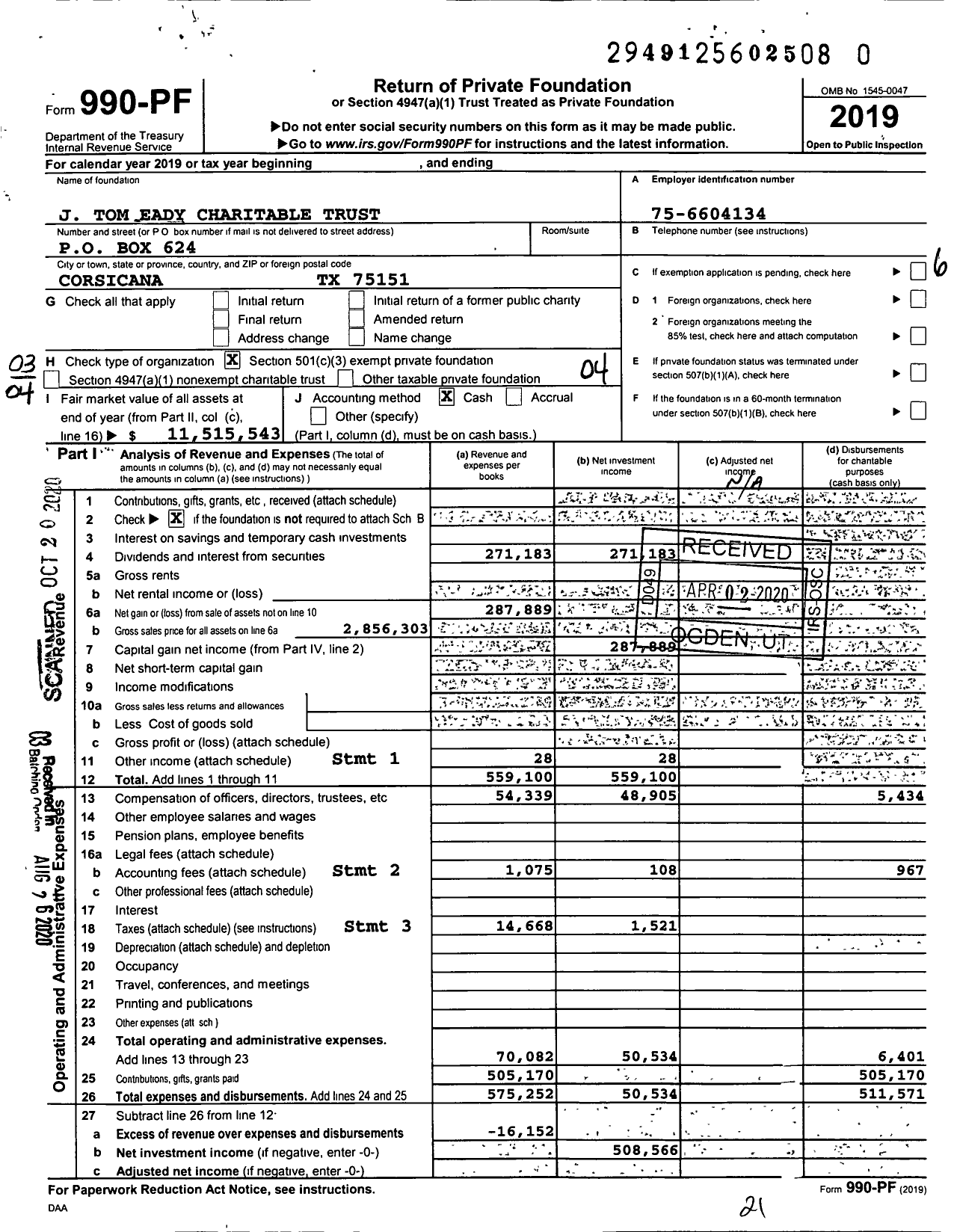 Image of first page of 2019 Form 990PR for J Tom Eady Charitable Trust