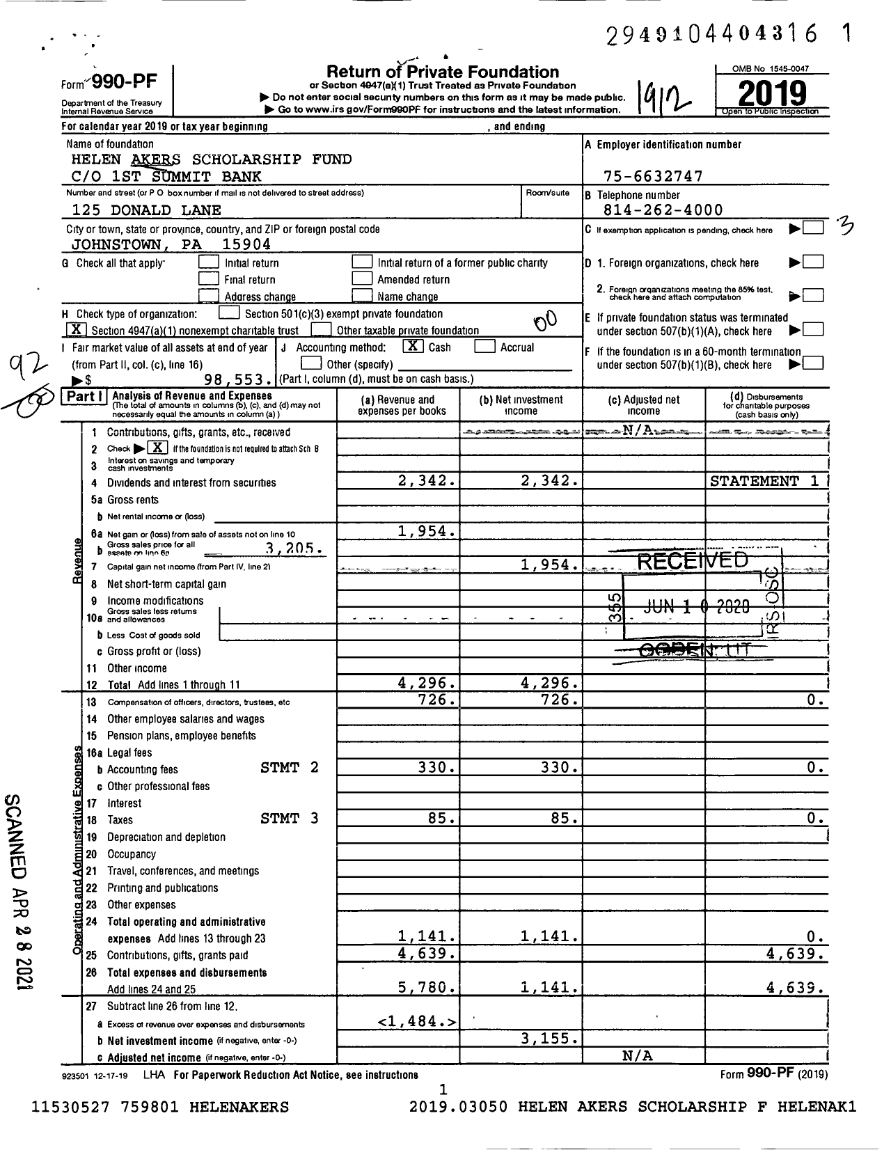 Image of first page of 2019 Form 990PF for Helen Akers Scholarship Fund