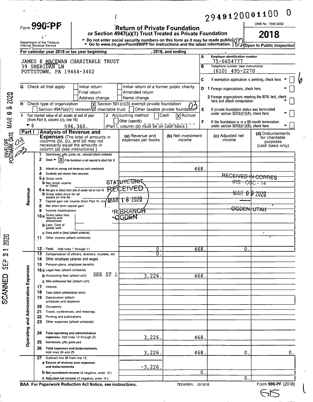 Image of first page of 2018 Form 990PR for James E Macewan Charitable Trust