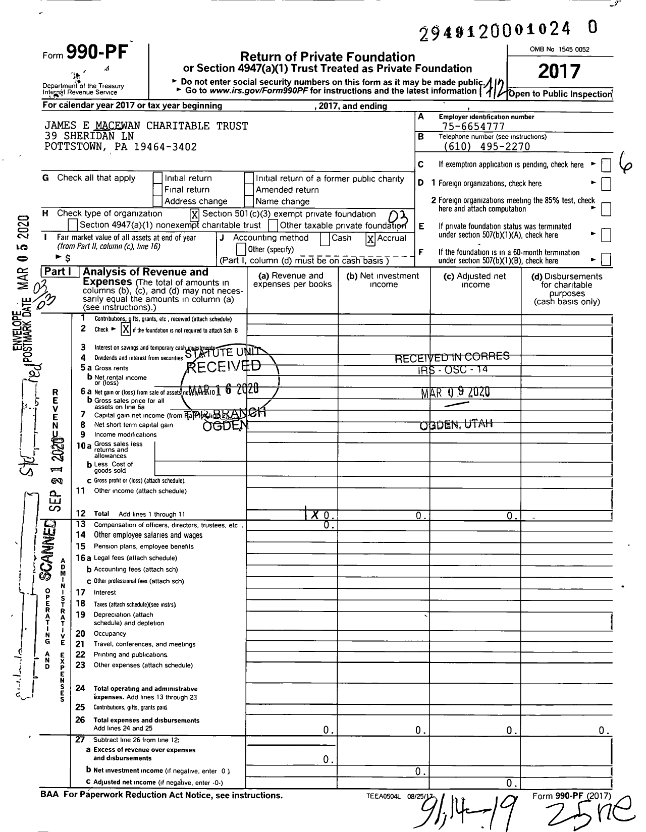 Image of first page of 2017 Form 990PR for James E Macewan Charitable Trust