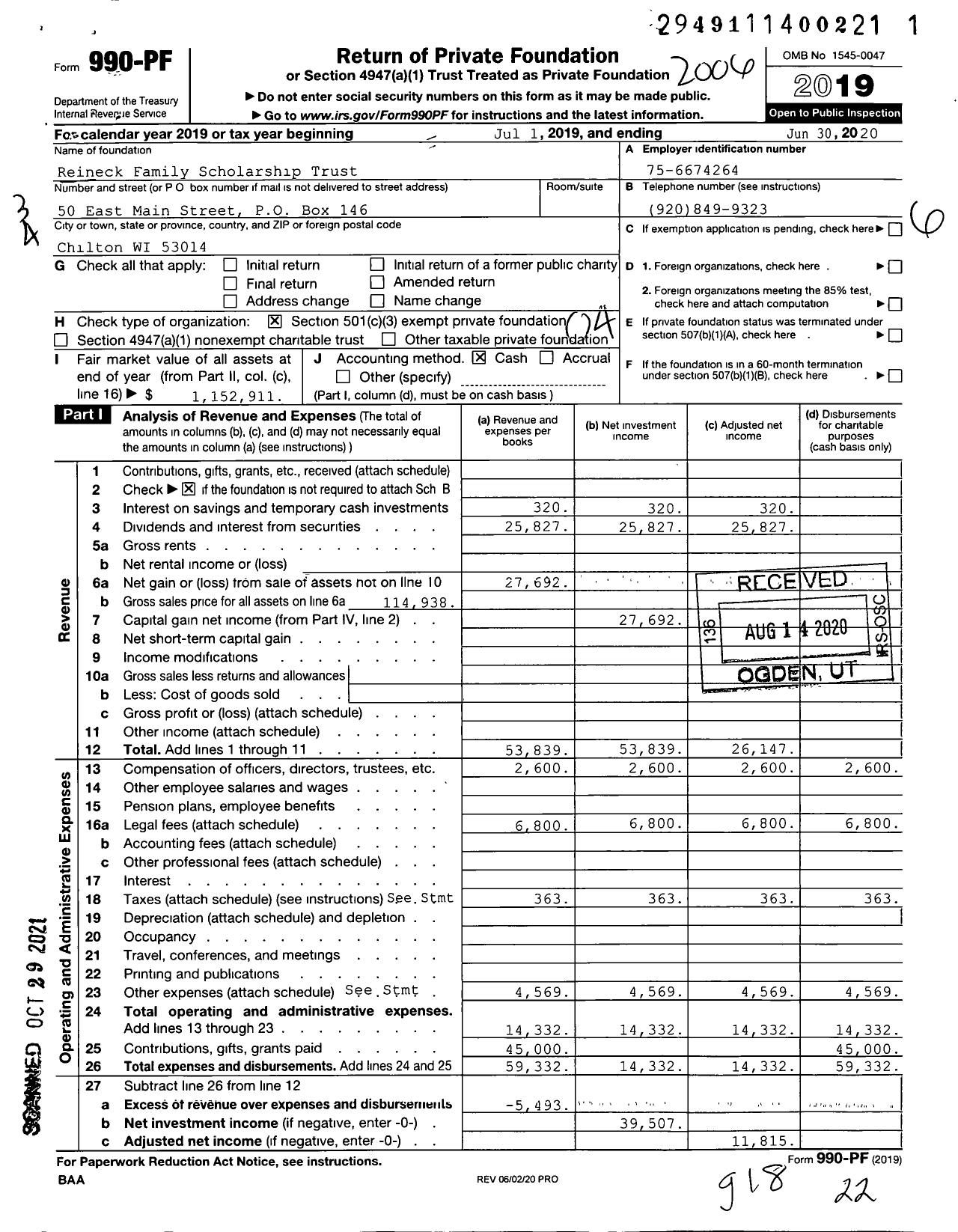 Image of first page of 2019 Form 990PF for Reineck Family Scholarship Trust