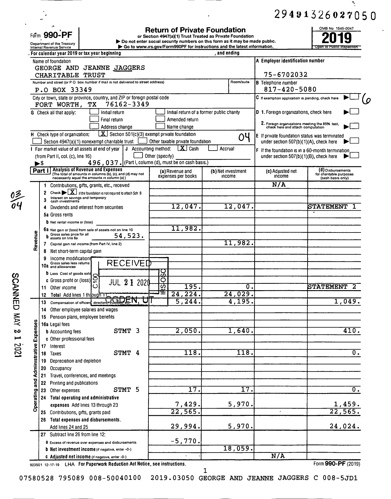 Image of first page of 2019 Form 990PF for George and Jeanne Jaggers Charitable Trust