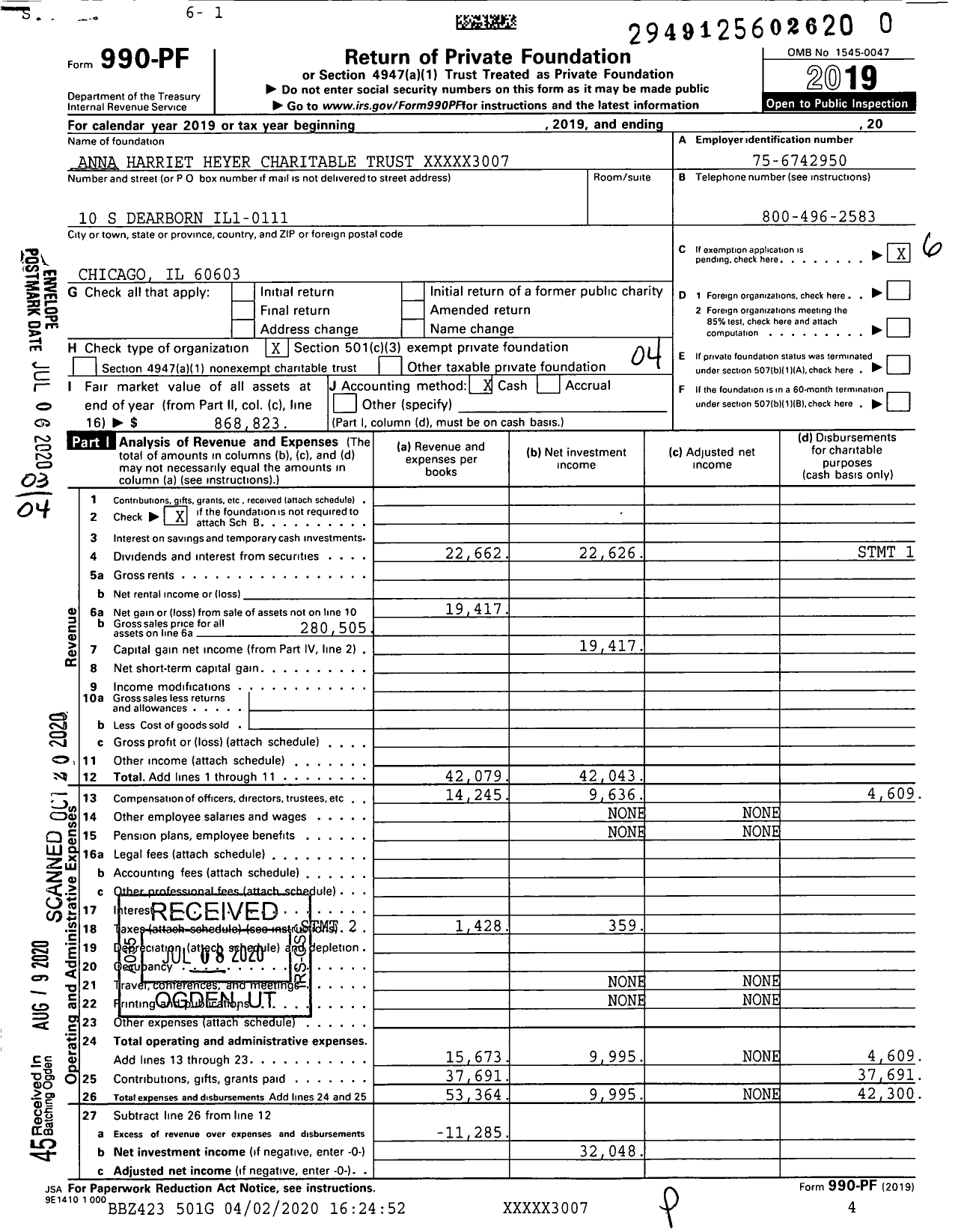 Image of first page of 2019 Form 990PR for Anna Harriet Heyer Charitable Trust XXXXX3007