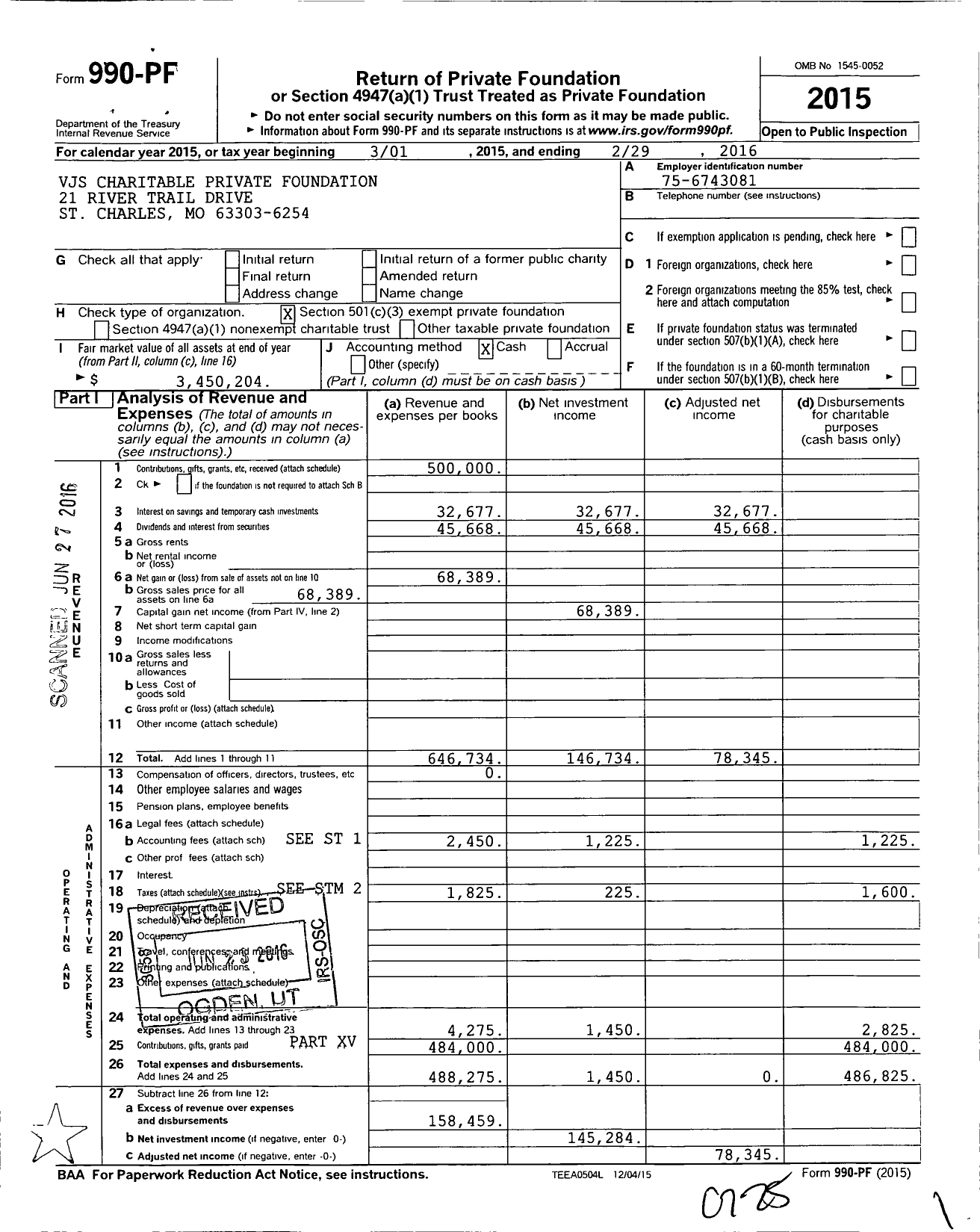 Image of first page of 2015 Form 990PF for VJS Charitable Private Foundation