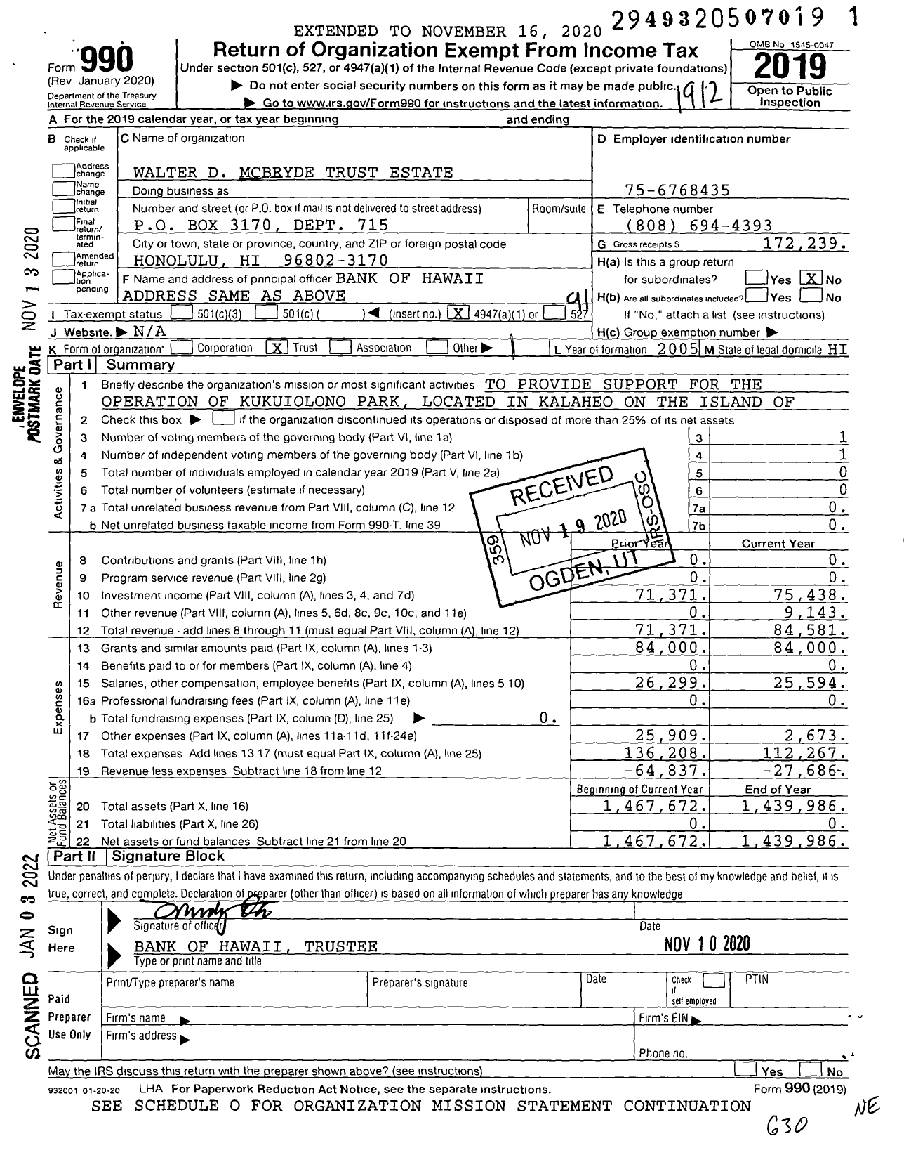 Image of first page of 2019 Form 990O for Walter D Mcbryde Trust Estate