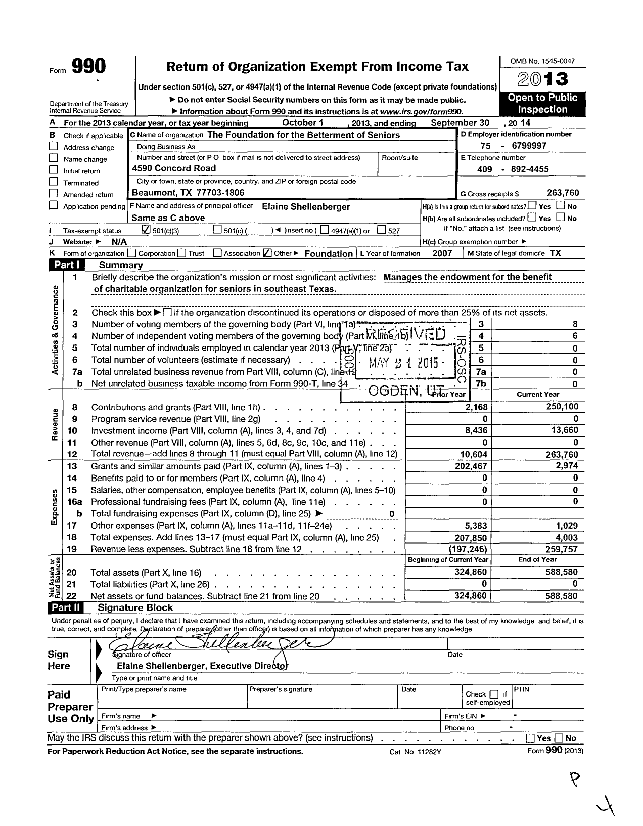 Image of first page of 2013 Form 990 for The Foundation for the Betterment of Seniors