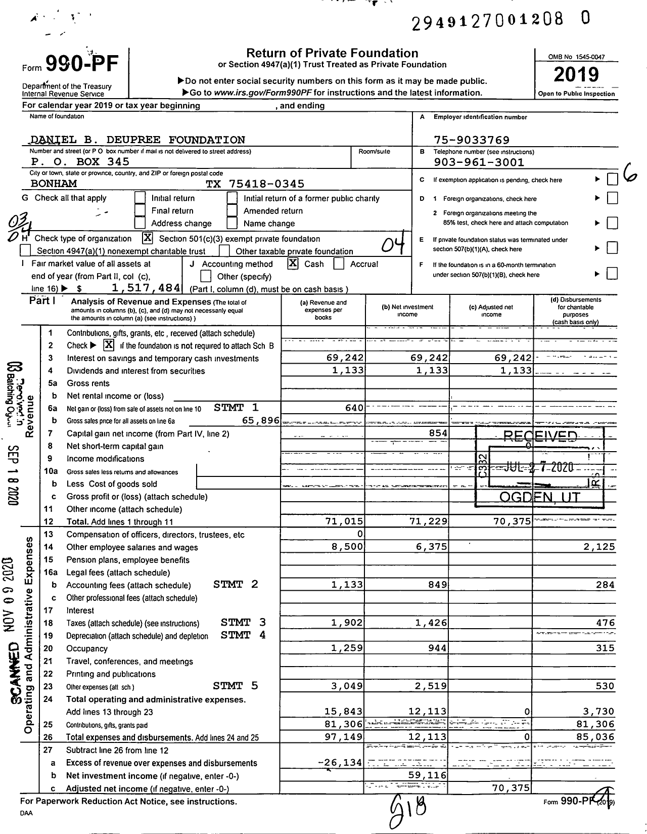 Image of first page of 2019 Form 990PF for Daniel B Deupree Foundation