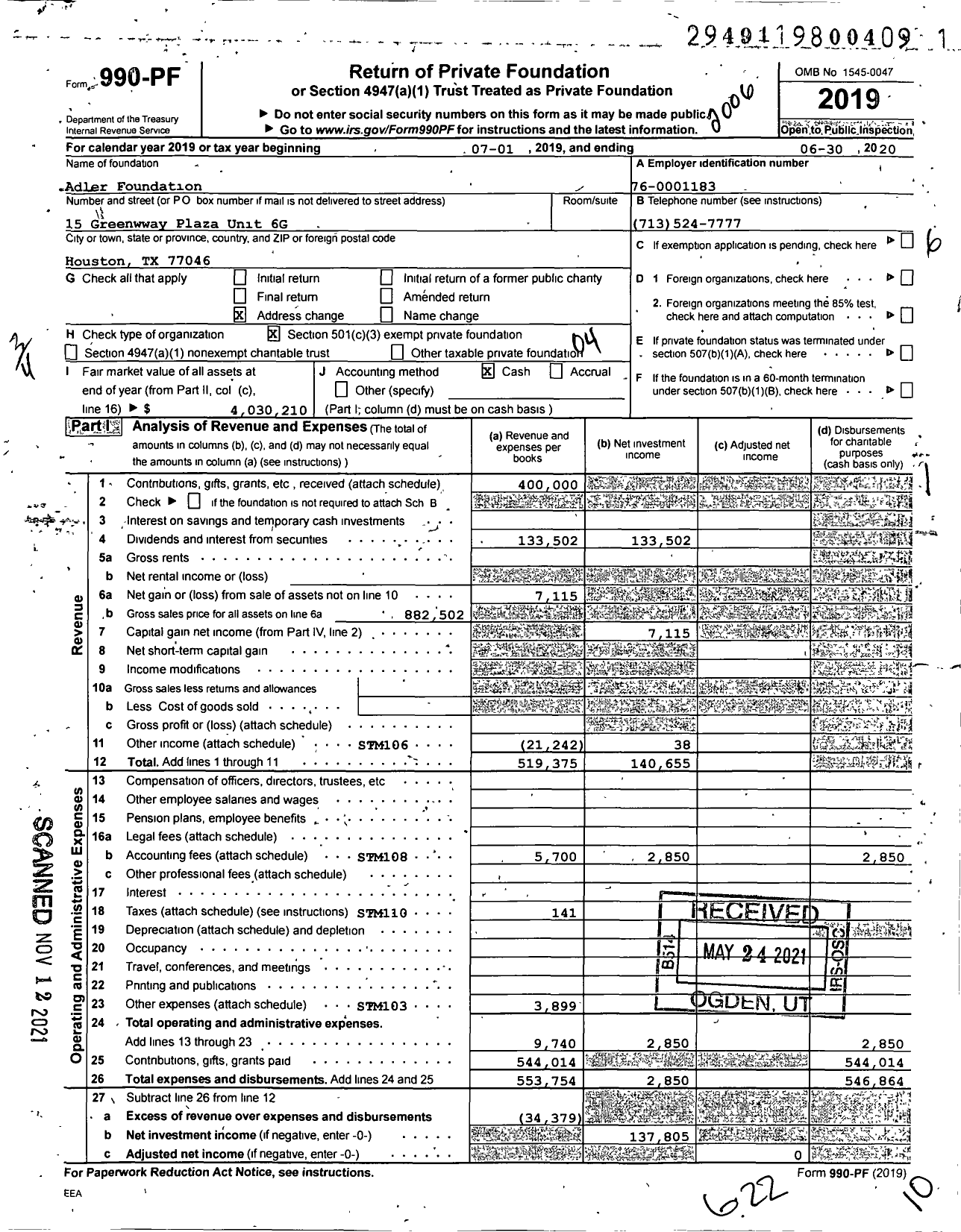 Image of first page of 2019 Form 990PF for Adler Foundation