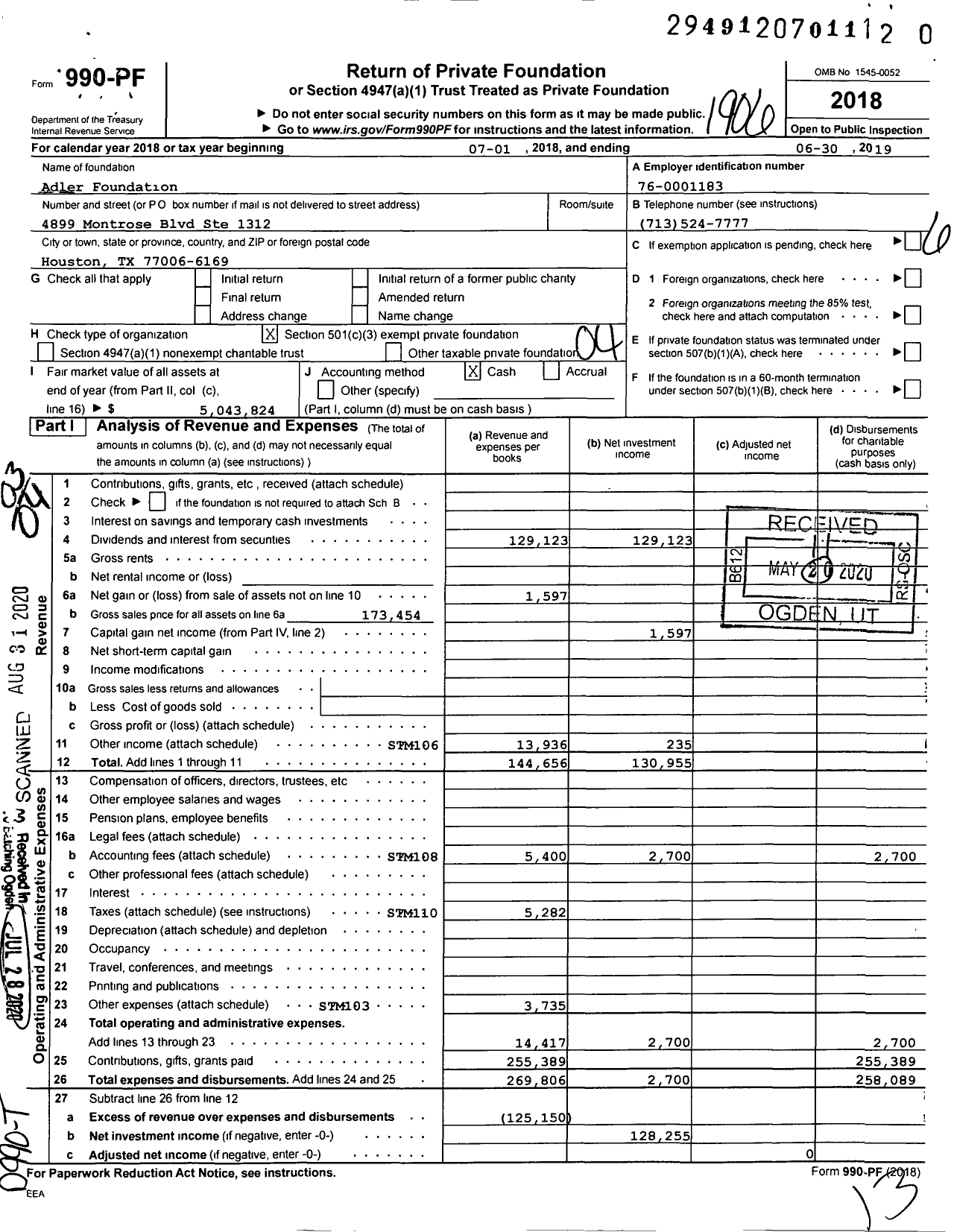 Image of first page of 2018 Form 990PR for Adler Foundation