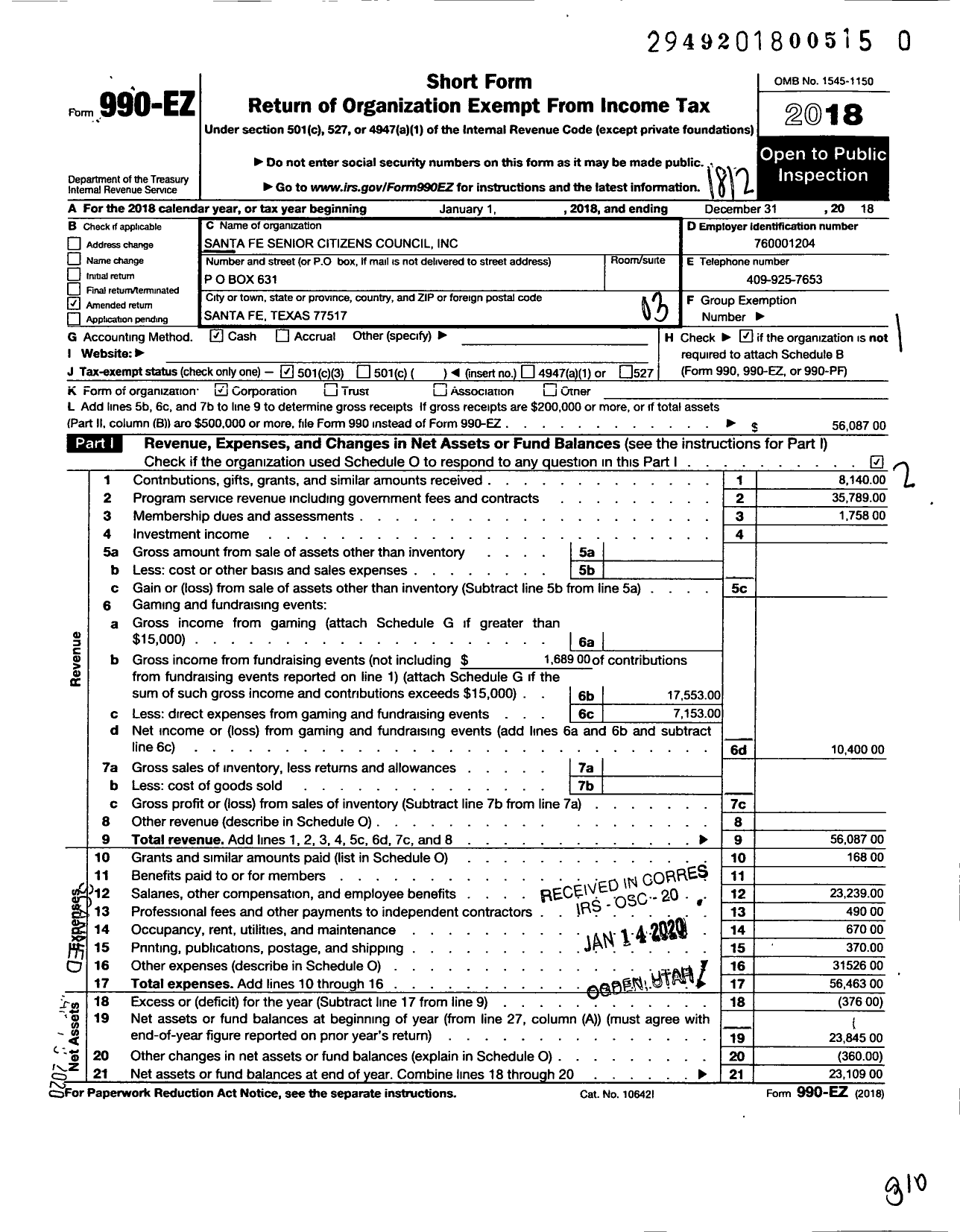 Image of first page of 2018 Form 990EZ for Santa Fe Senior Citizens Council