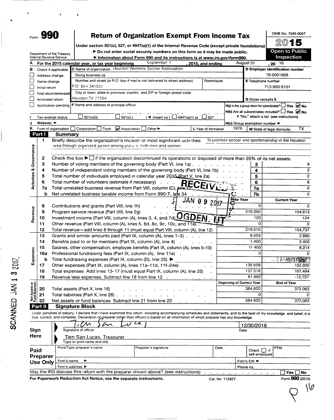 Image of first page of 2015 Form 990O for Houston Womens Soccer Association