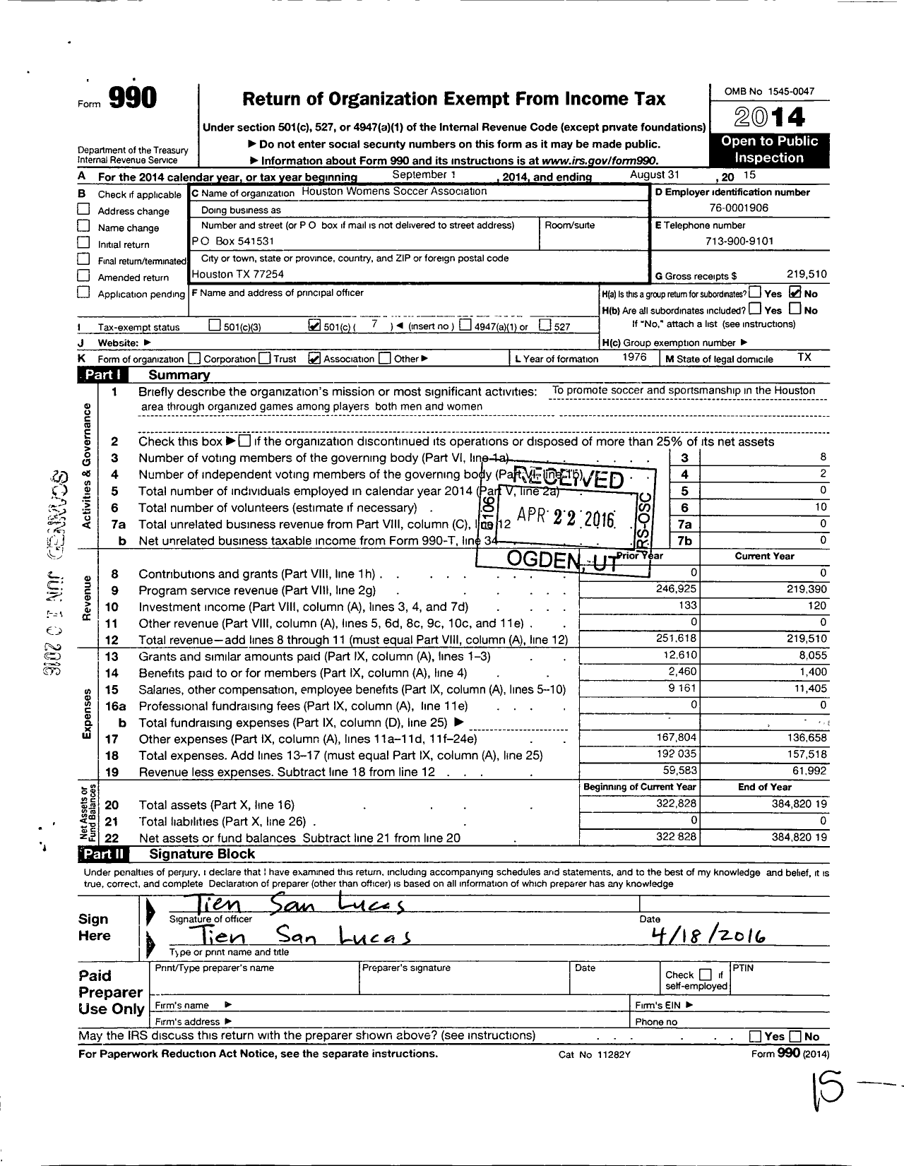 Image of first page of 2014 Form 990O for Houston Womens Soccer Association