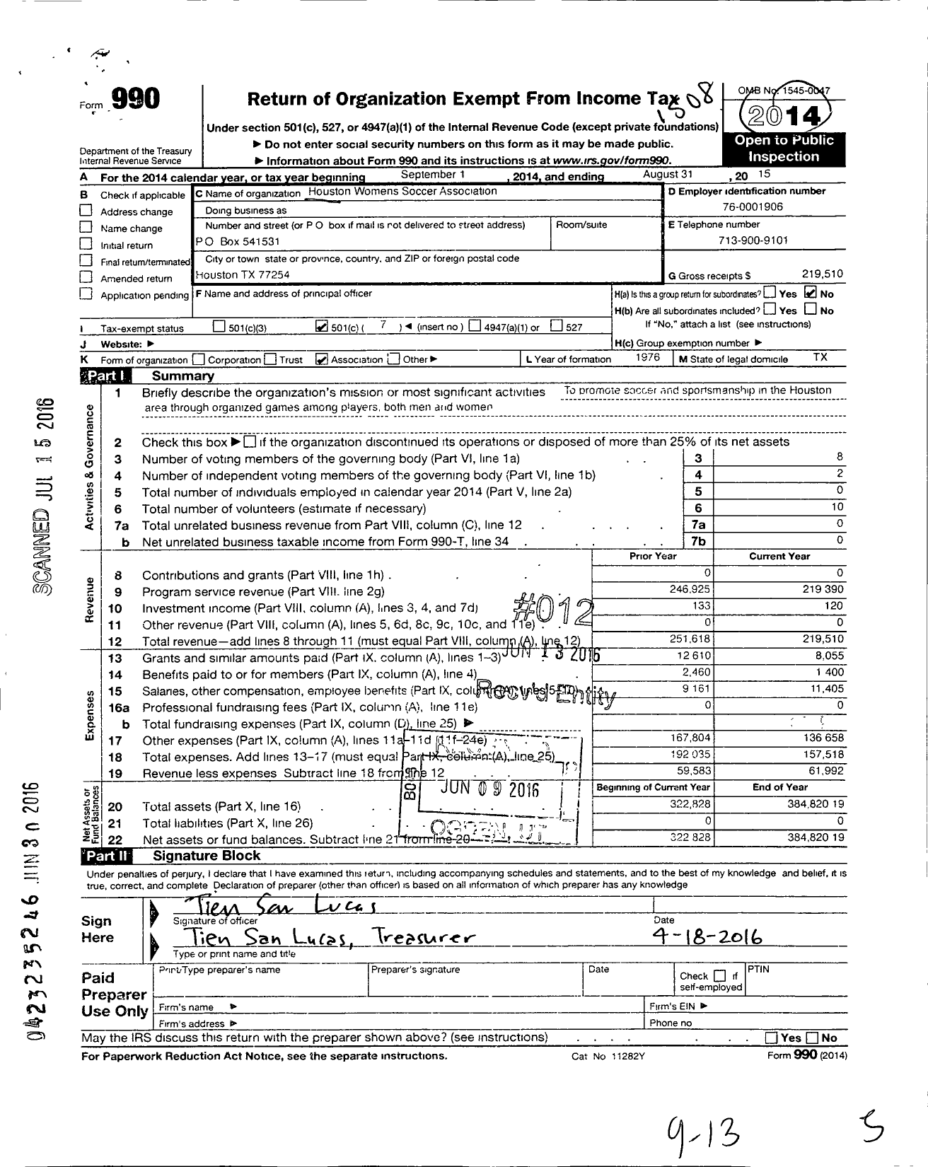 Image of first page of 2014 Form 990O for Houston Womens Soccer Association