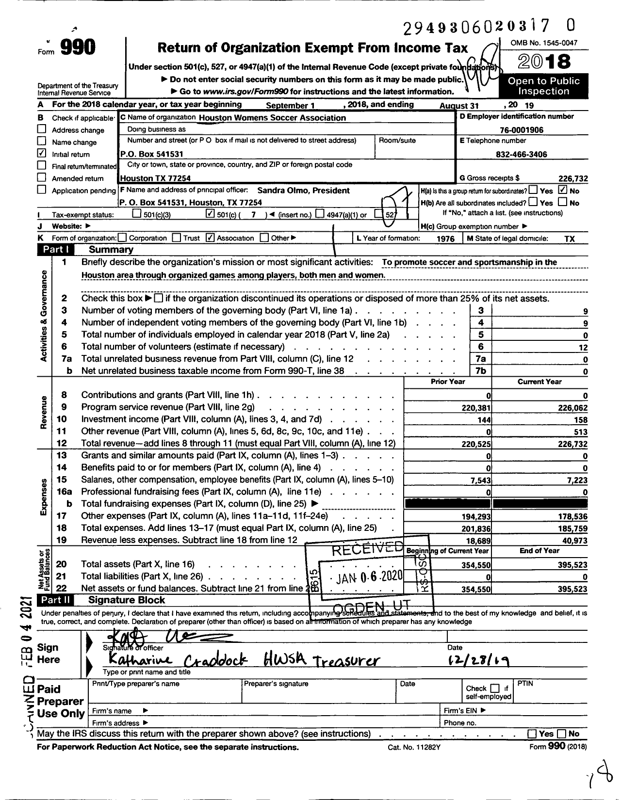 Image of first page of 2018 Form 990O for Houston Womens Soccer Association