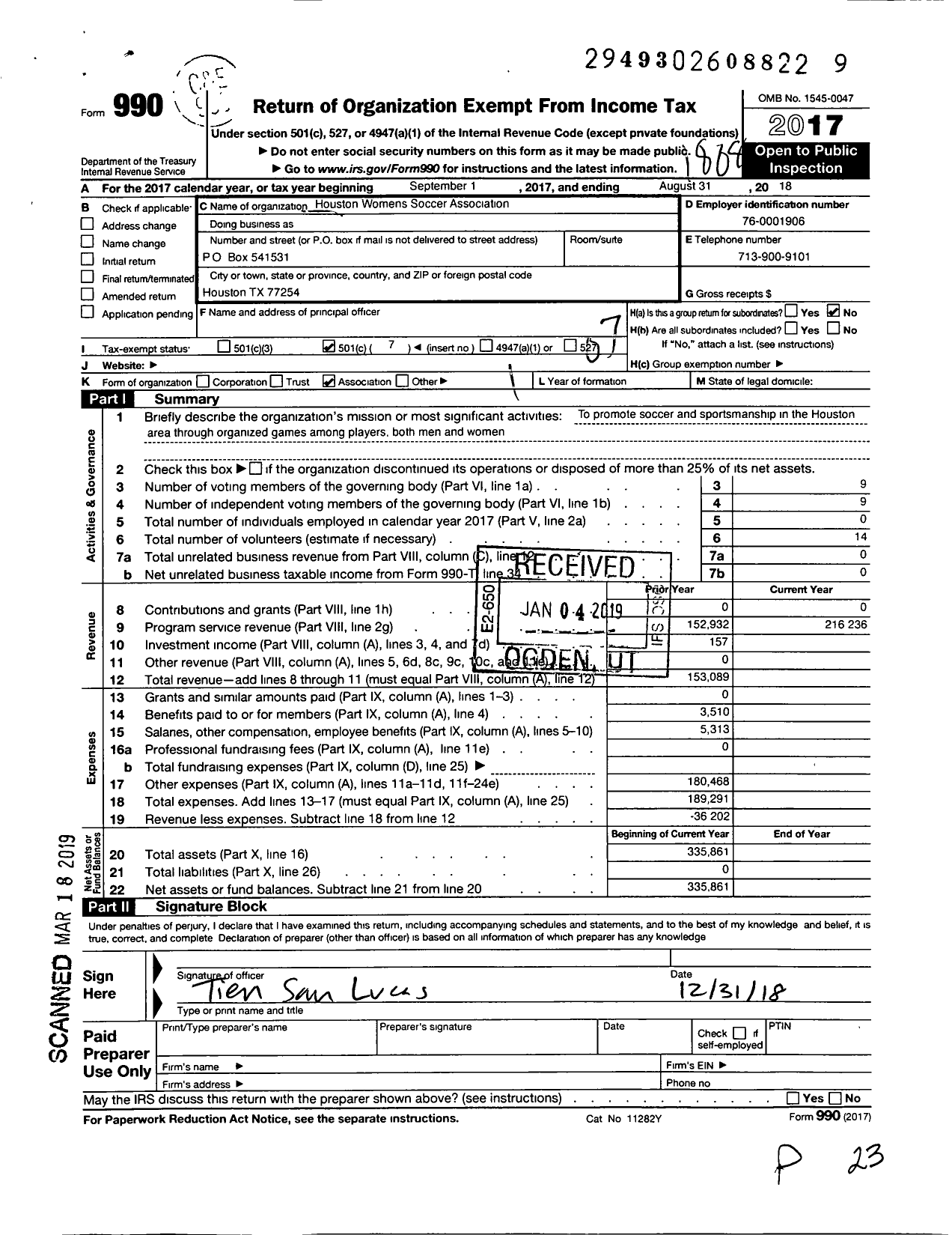 Image of first page of 2017 Form 990O for Houston Womens Soccer Association