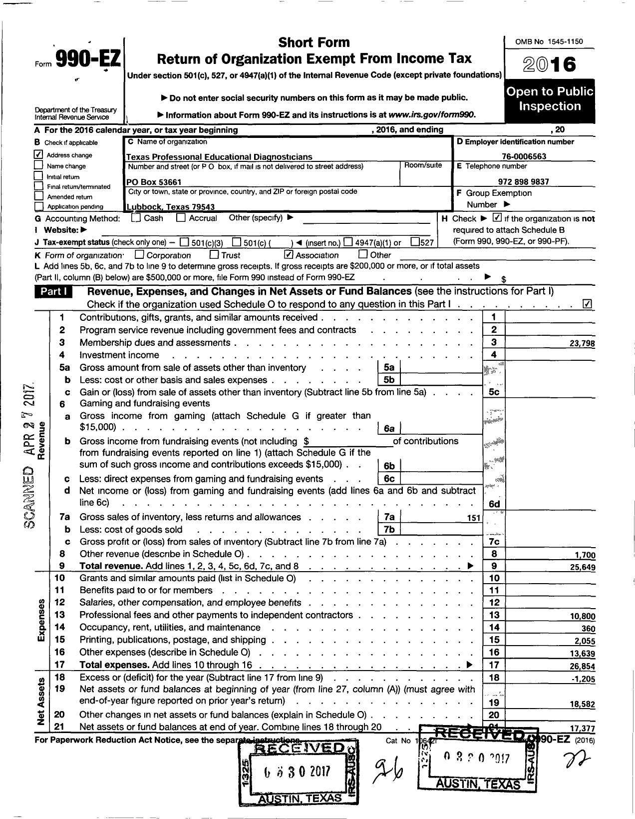 Image of first page of 2016 Form 990EO for Texas Professional Educational Diagnosticians Board of Registry