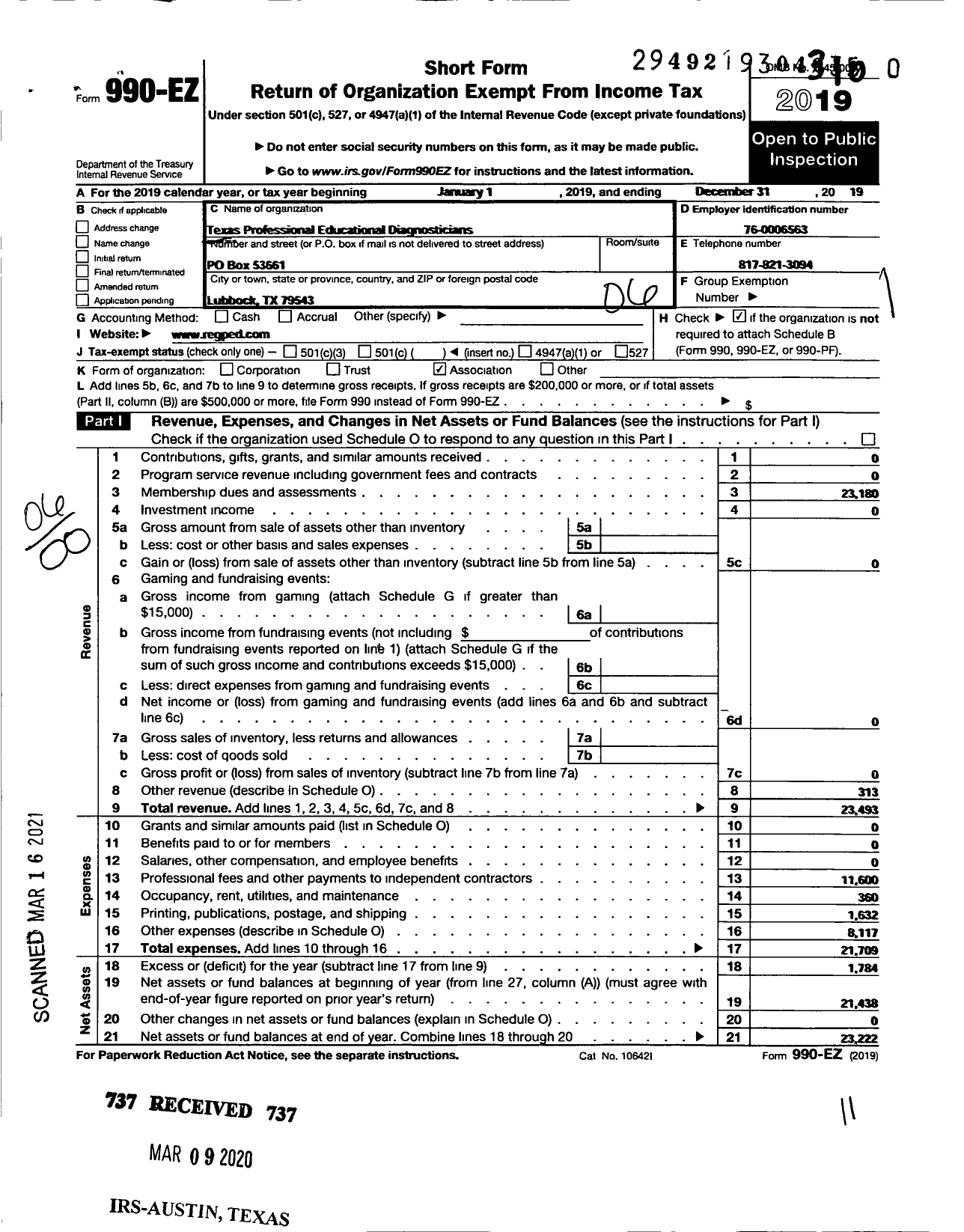 Image of first page of 2019 Form 990EO for Texas Professional Educational Diagnosticians Board of Registry