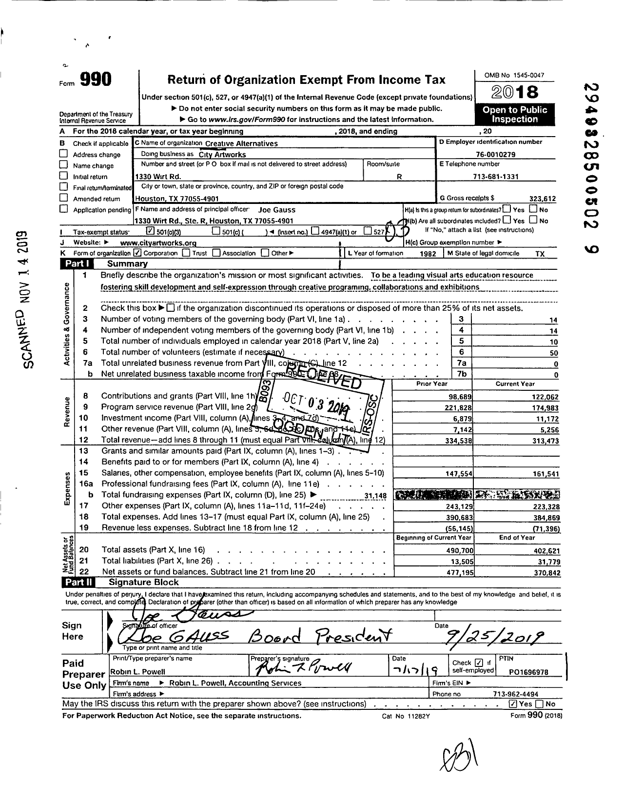 Image of first page of 2018 Form 990 for City Artworks