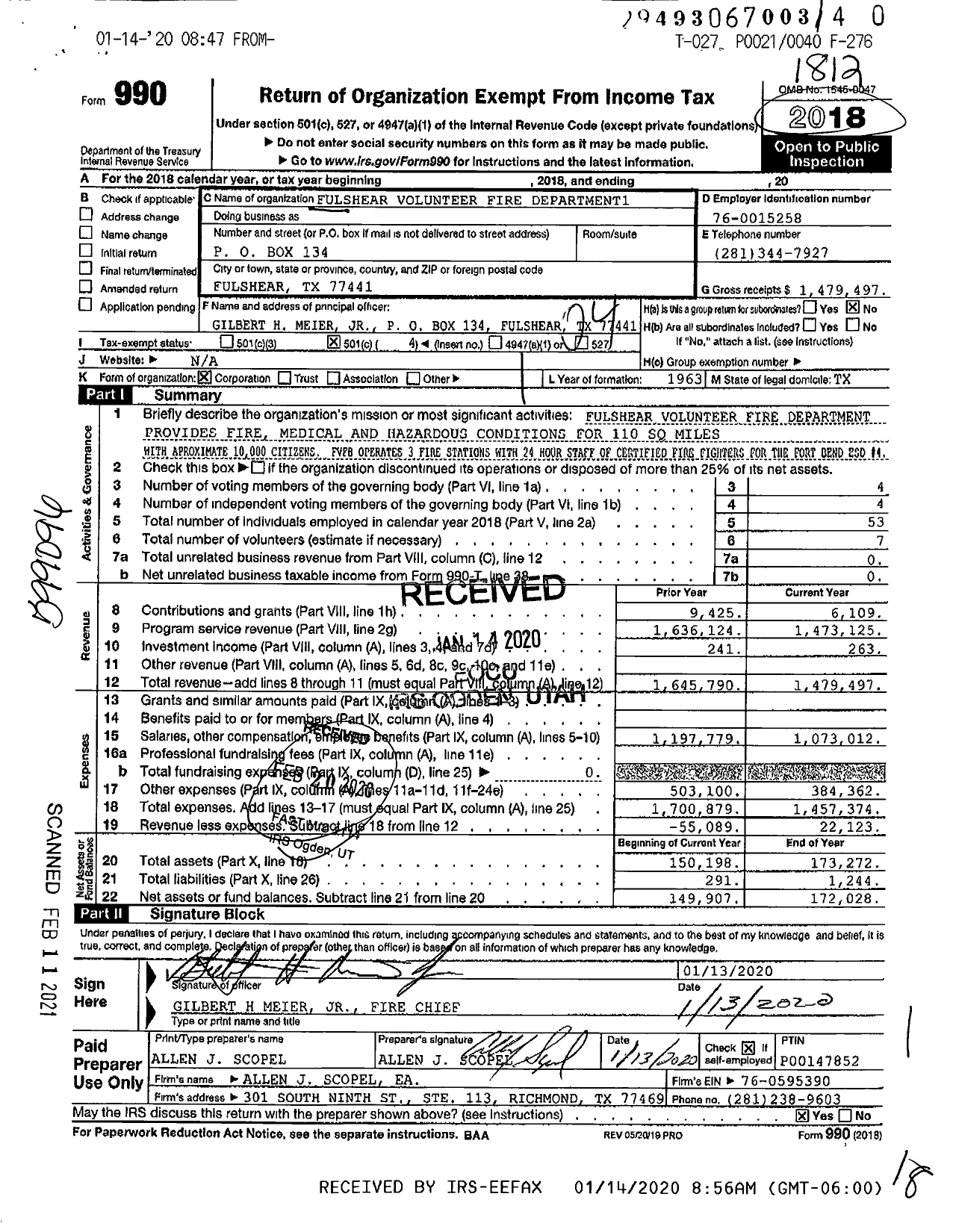 Image of first page of 2018 Form 990O for Fulshear Volunteer Fire Department