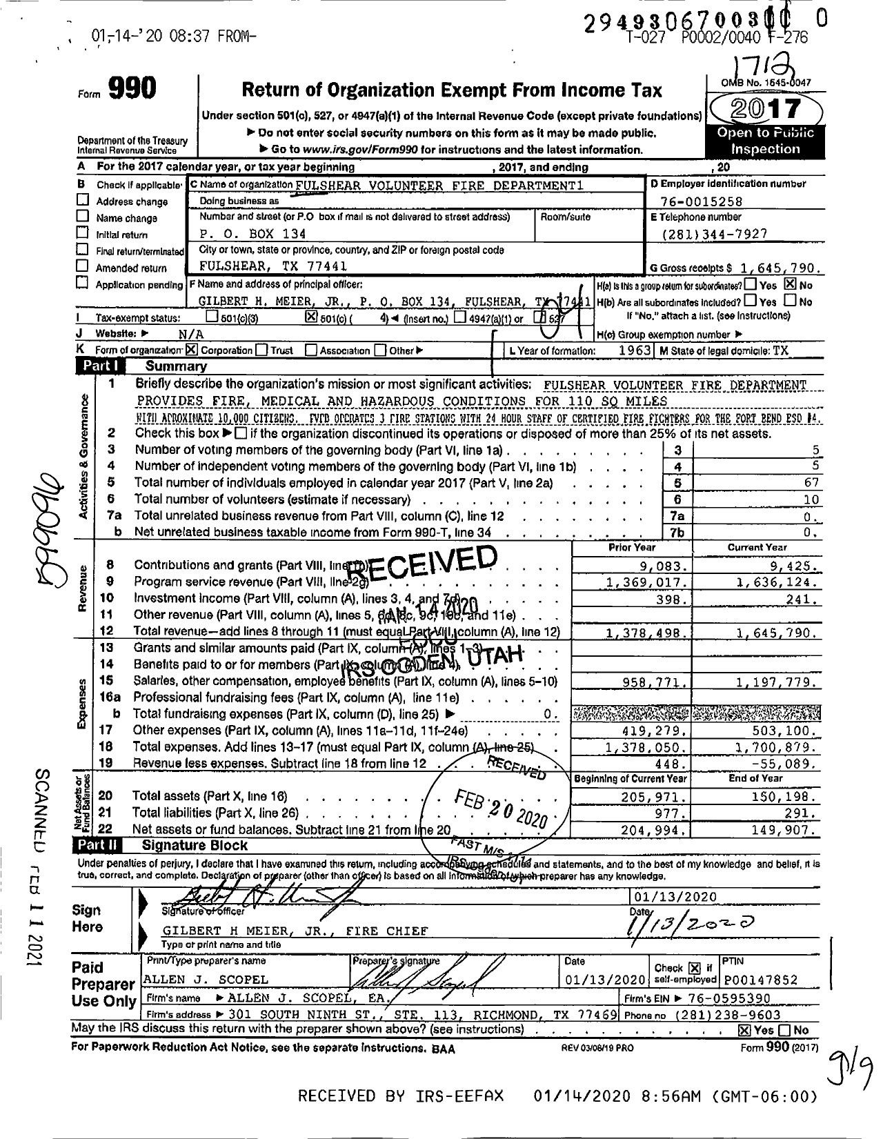 Image of first page of 2017 Form 990O for Fulshear Volunteer Fire Department