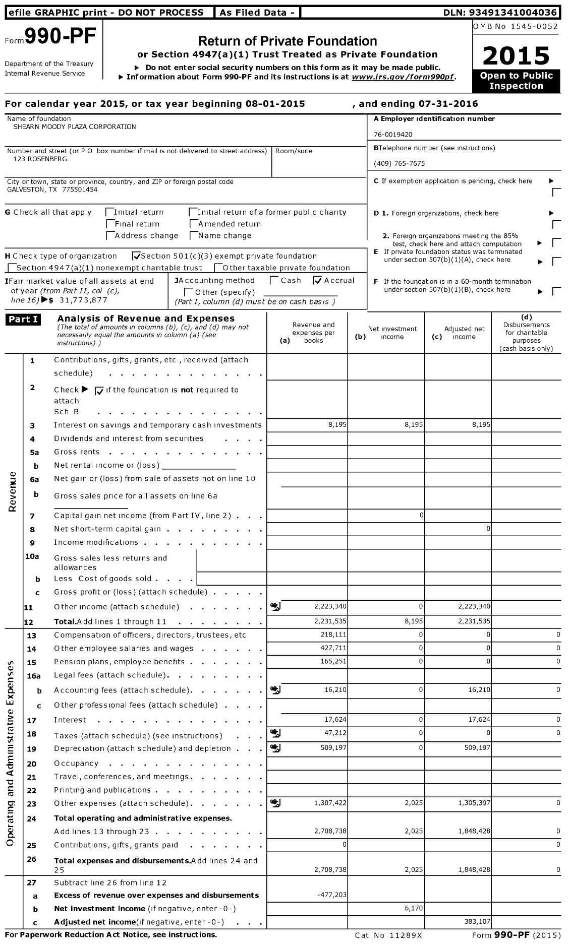 Image of first page of 2015 Form 990PF for Shearn Moody Plaza Corporation