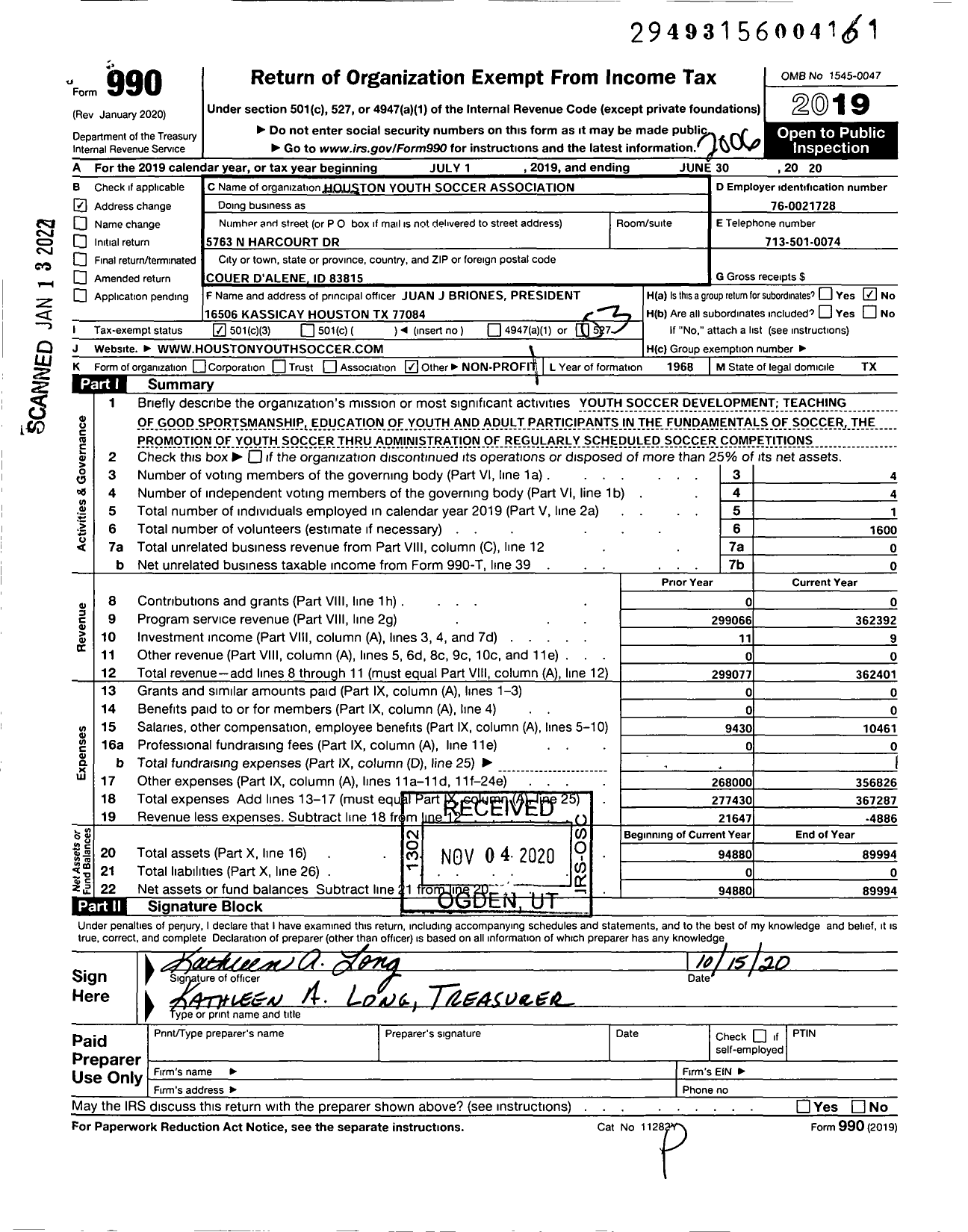 Image of first page of 2019 Form 990 for Houston Youth Soccer Association