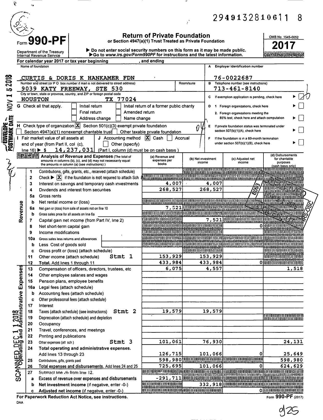 Image of first page of 2017 Form 990PF for Curtis and Doris K Hankamer Foundation