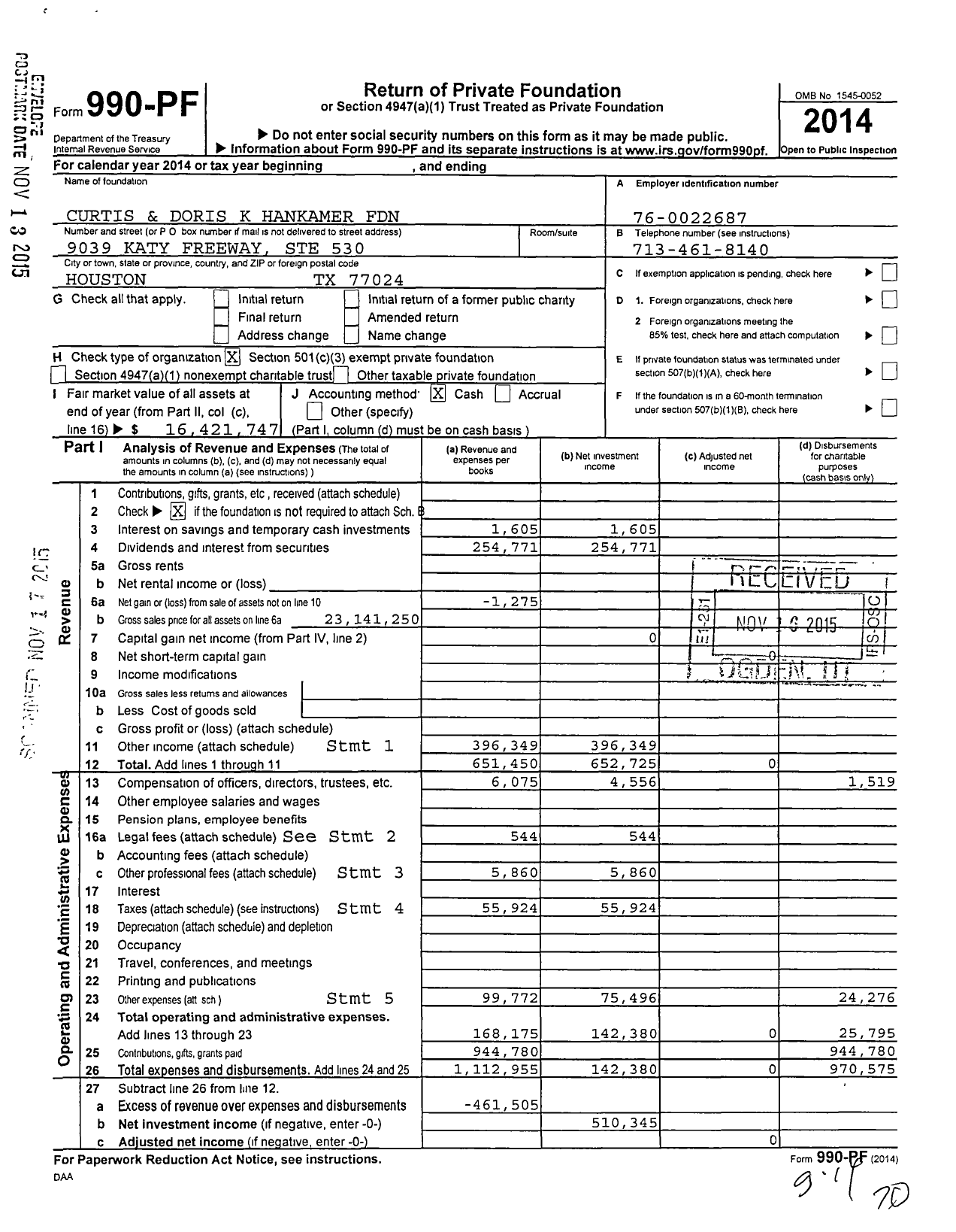 Image of first page of 2014 Form 990PF for Curtis and Doris K Hankamer Foundation