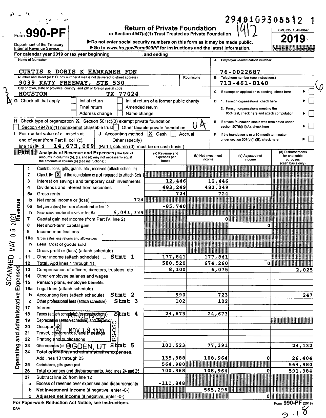 Image of first page of 2019 Form 990PF for Curtis and Doris K Hankamer Foundation