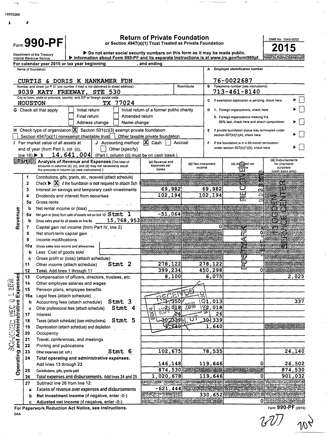 Image of first page of 2015 Form 990PF for Curtis and Doris K Hankamer Foundation